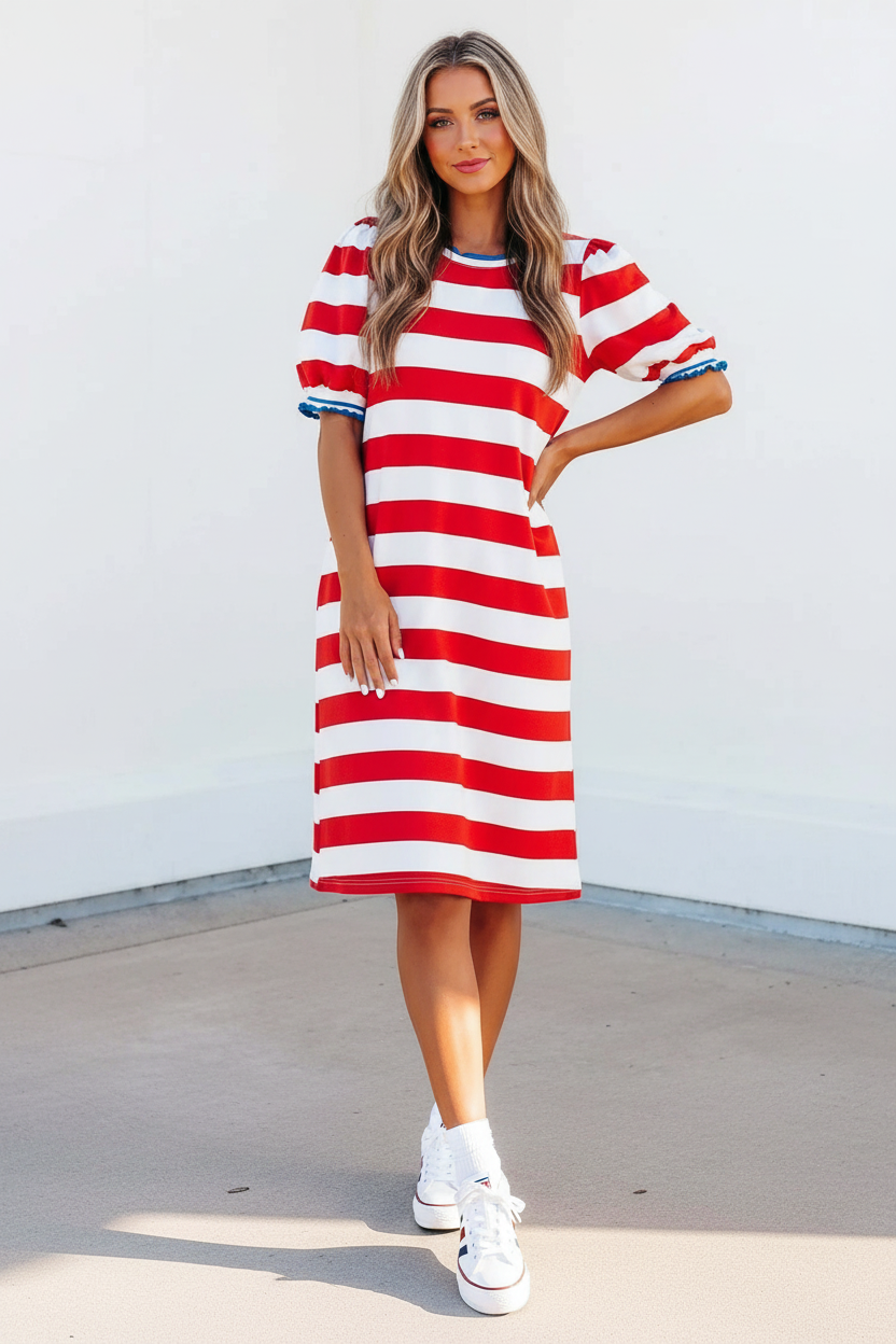 Stripe Contrast Trim Round Neck Short Puff Sleeve Shift Mini Dress