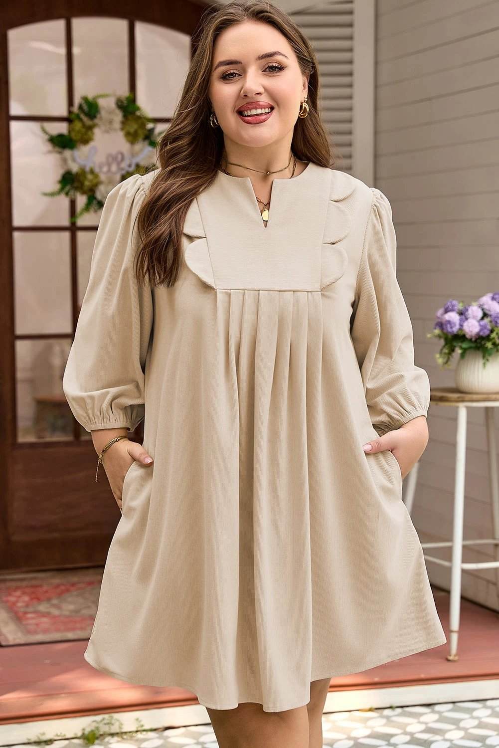 Plus size khaki corduroy mini dress with notched scallop neck and puff sleeves