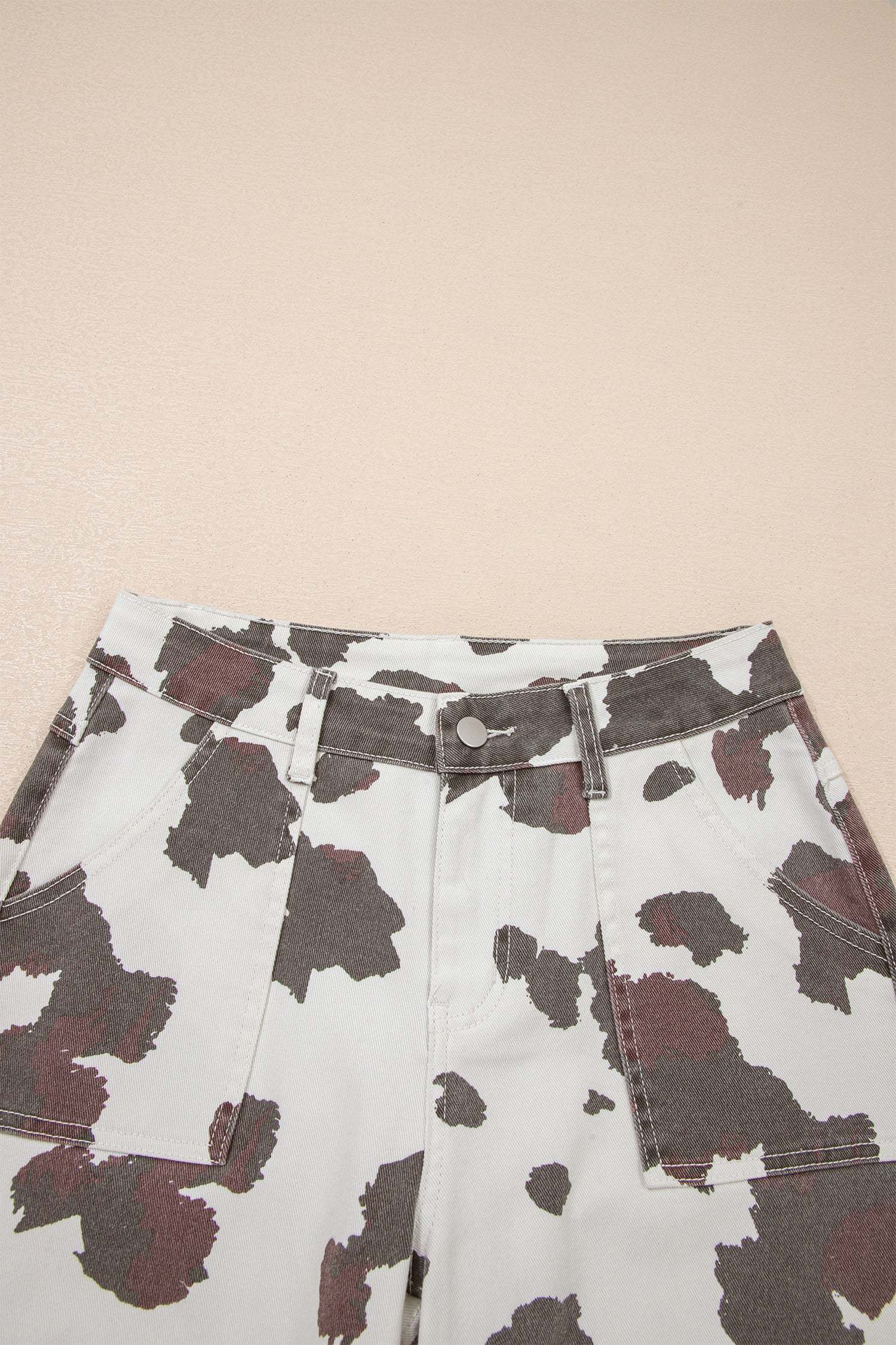 Cool Mom Energy | Western Cow Print Jeans With Multi Pockets