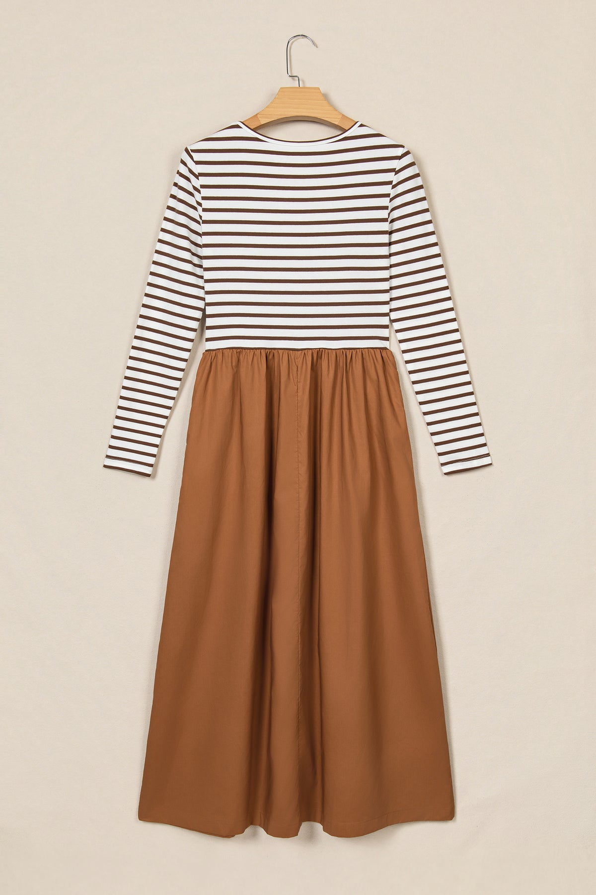 Brown Stripe Ribbed Knit Long Sleeve Bodice Contrast Patchwork Flared Dress