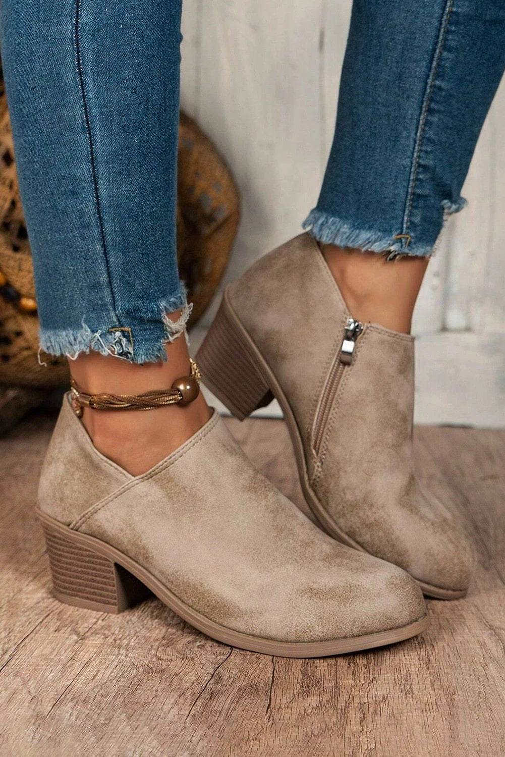 Philippine Gray tulip opening suede ankle boots with side zipper and chunky heel