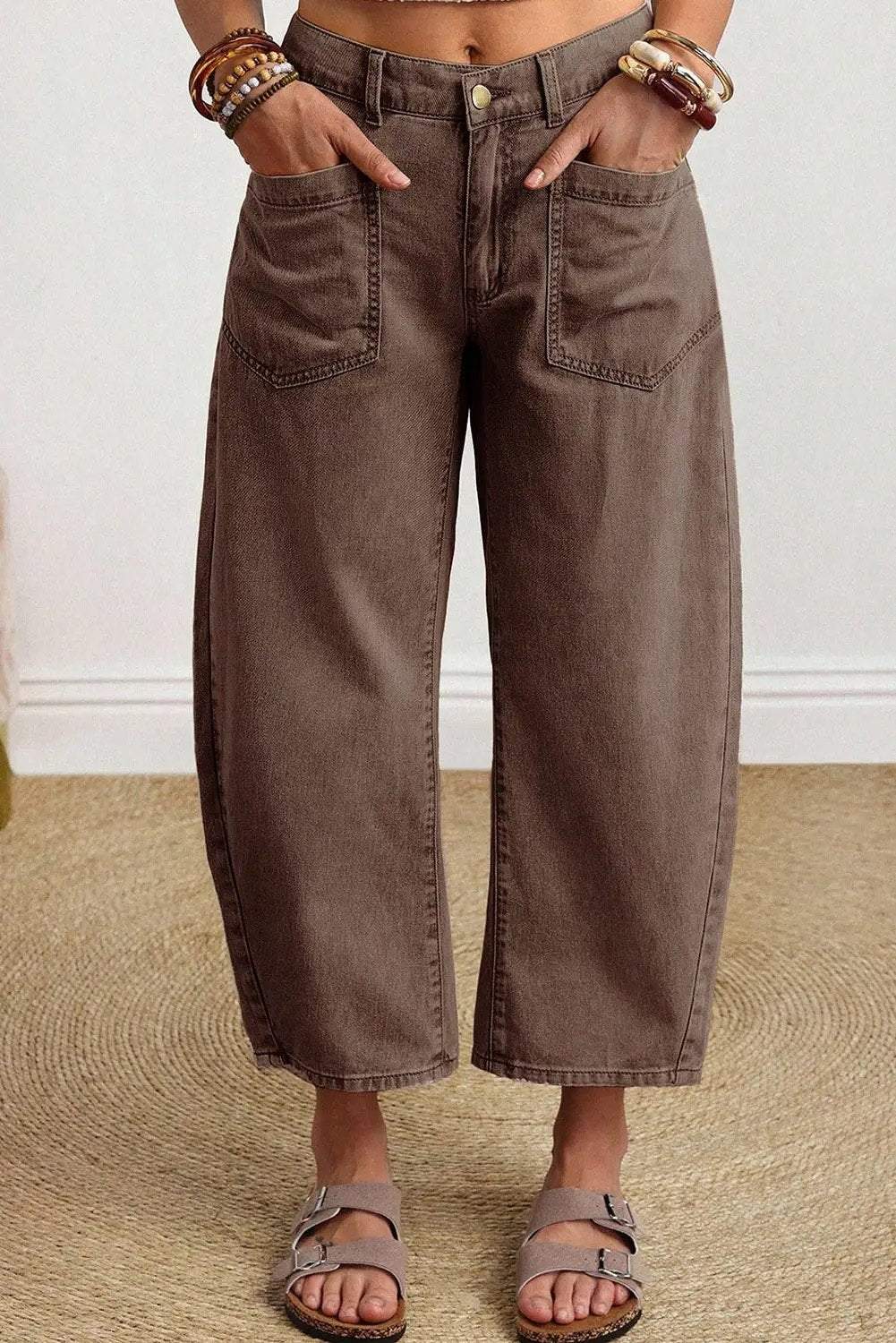Barrel Jeans coffee brown ankle-length denim with square patch pockets