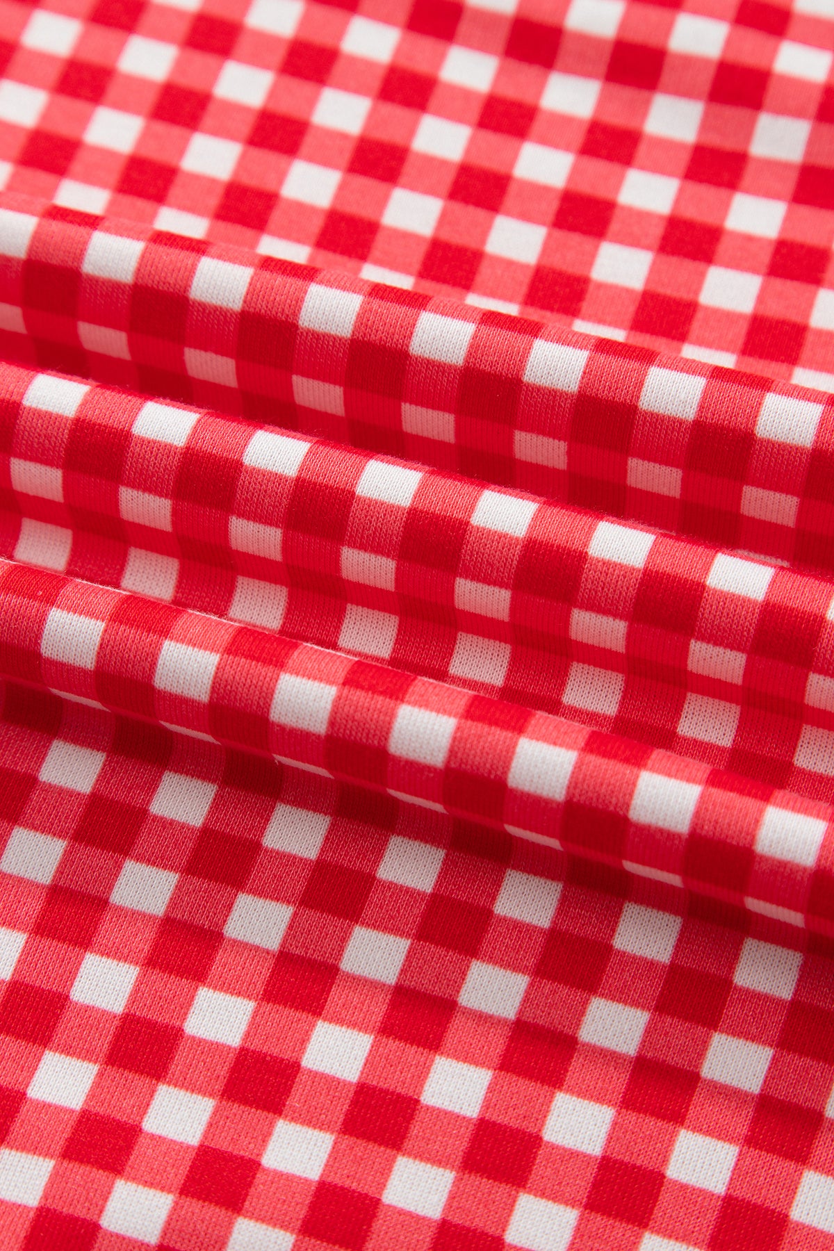 Red Gingham Oversized Ribbed Trim Crew Neck Long Sleeve Top and Skort Set