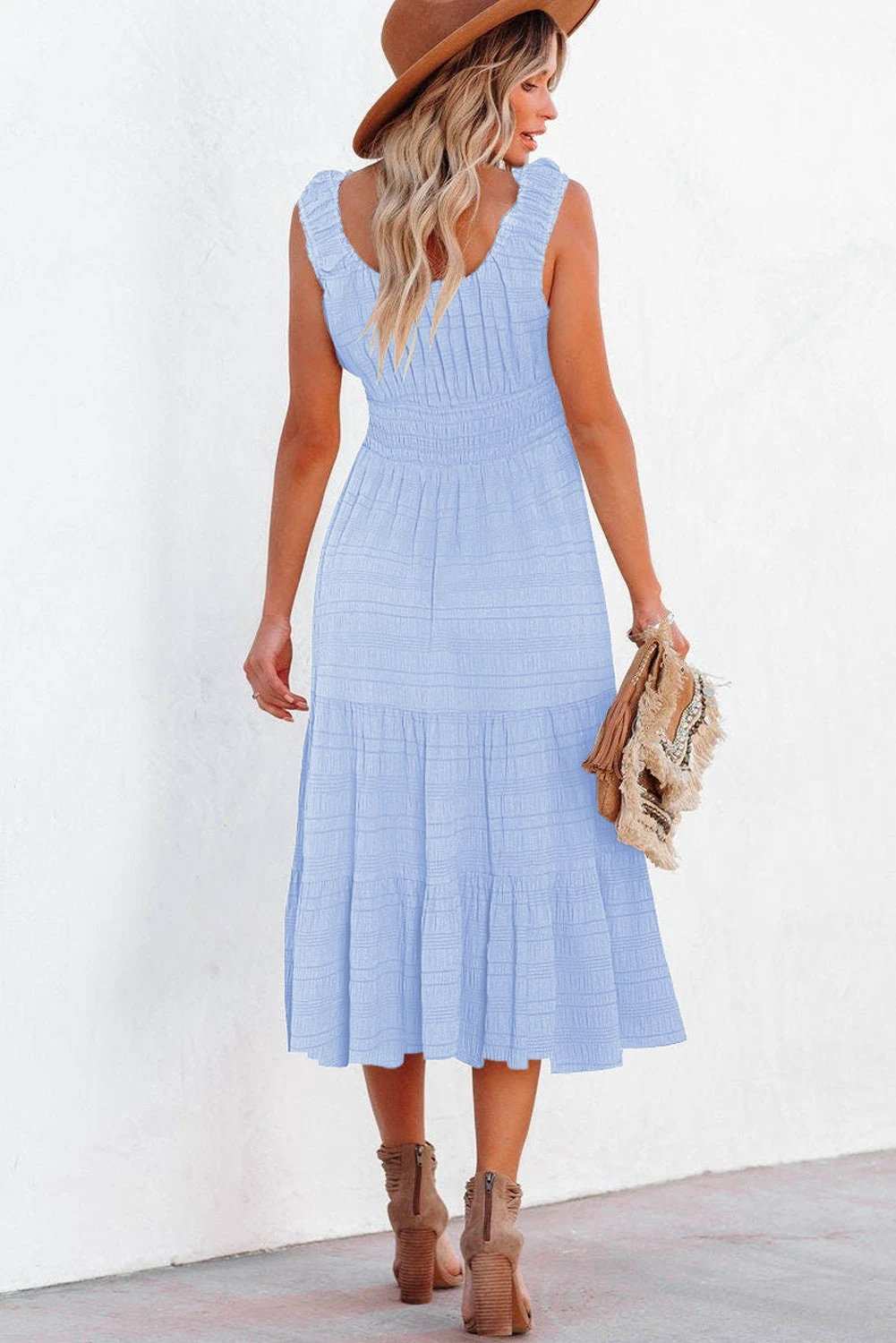 Sleeveless Midi Dress with shirred pleated square-neck bodice and tiered skirt