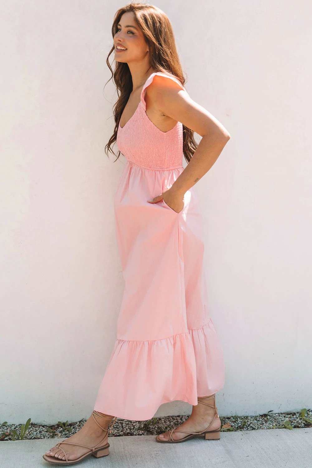 High Waist Maxi Dress with V-neck flutter sleeves smocked bodice and ruffle hem