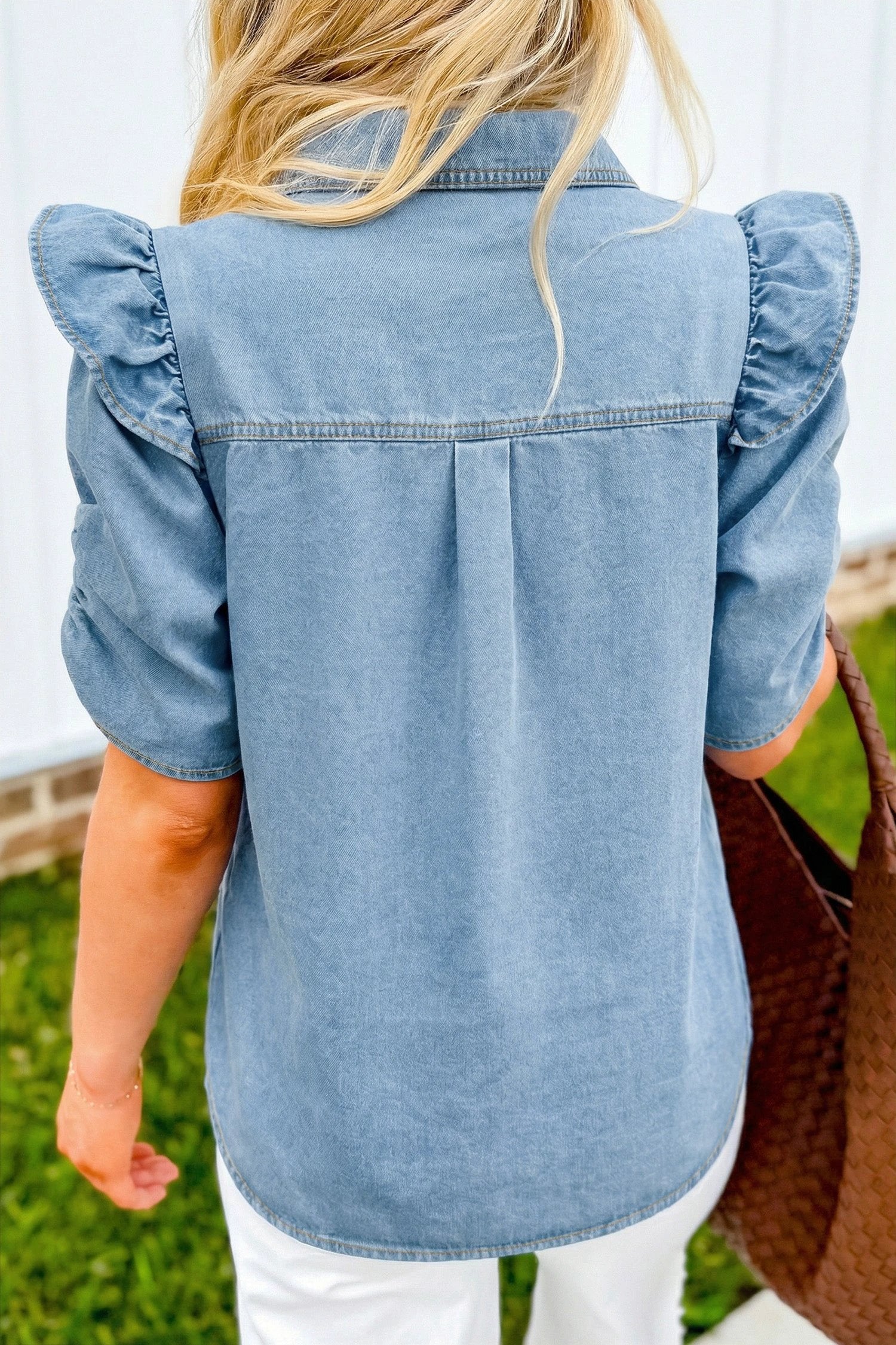 denim ruffle detail short puff sleeve button down flap pocket denim shirt for women casual everyday outfit