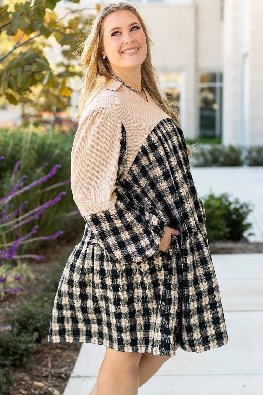 Plus size plaid waffle knit patchwork collared V neck mini dress with main character energy style