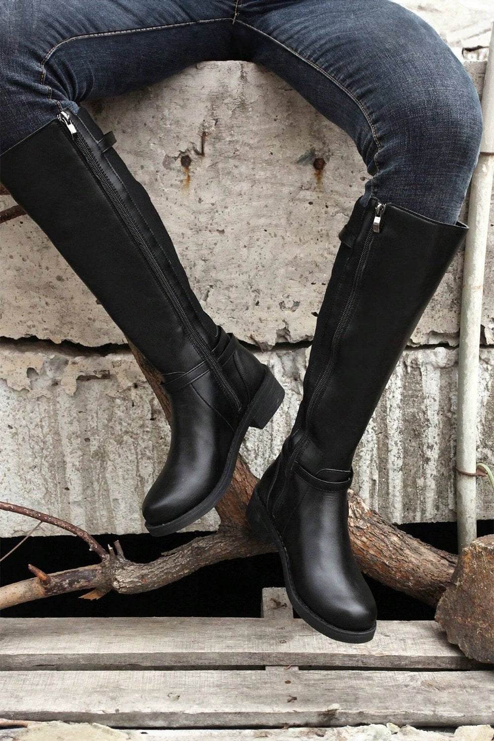 Main Character Energy side zip knee high boots with chunky low heel in sleek PU leather