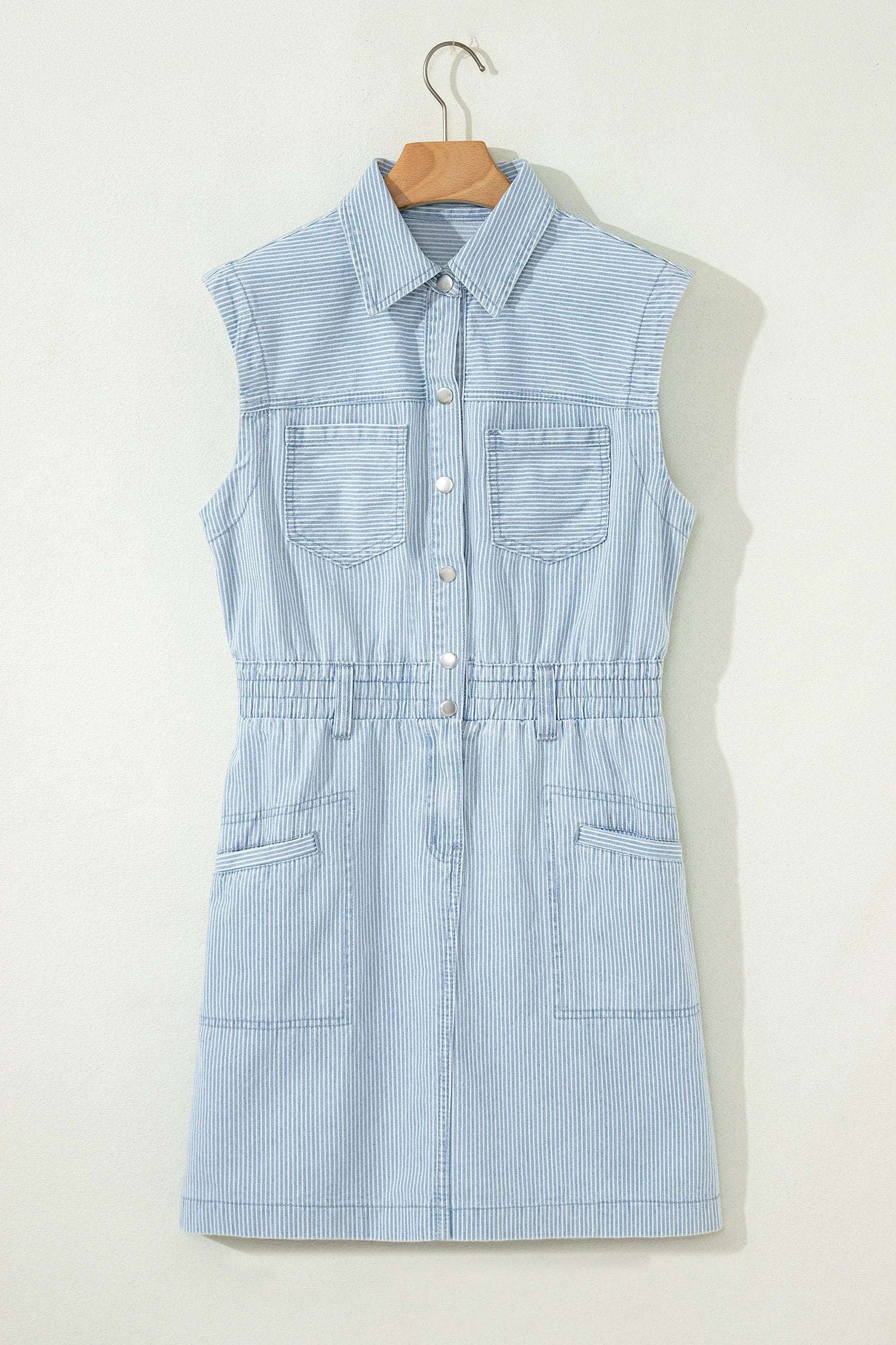 sky blue stripe collared button front sleeveless denim mini dress for women casual everyday outfit