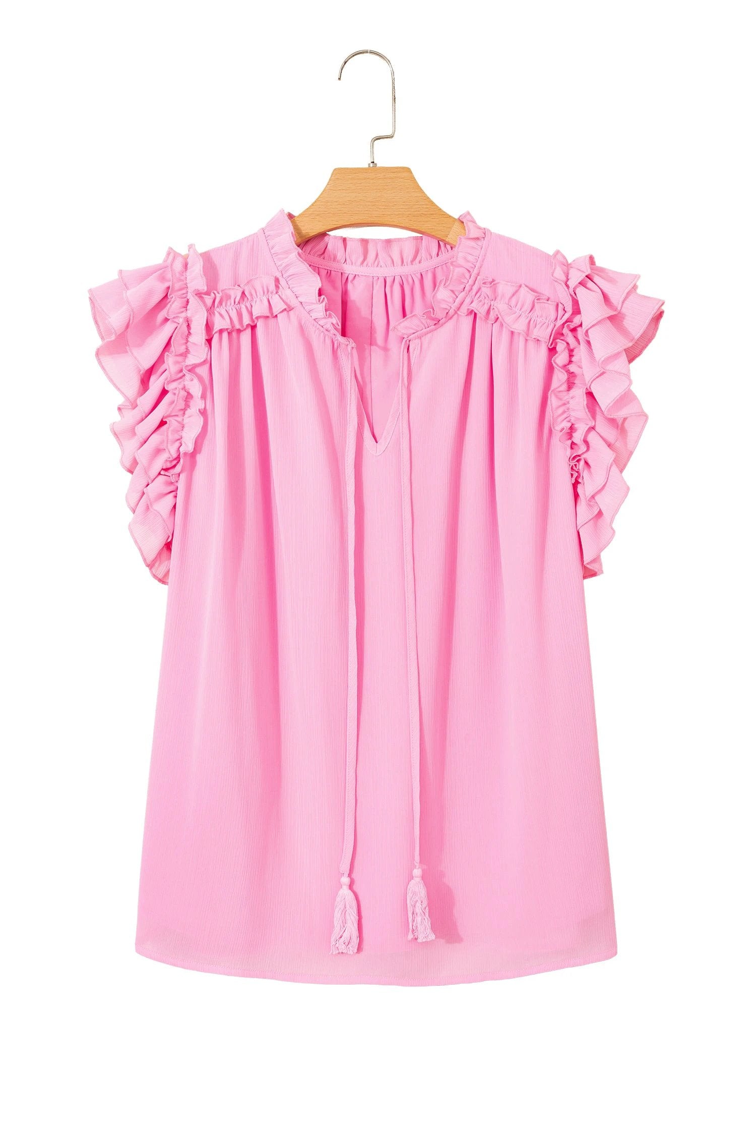 Dear-Lover Dropshipping Bonbon Plus Size Textured Tassel Tie V Neck Ruffle Short Sleeve Blouse - Blouses Plus Size/Plus Size Tops/Plus Size Blouses & Shirts