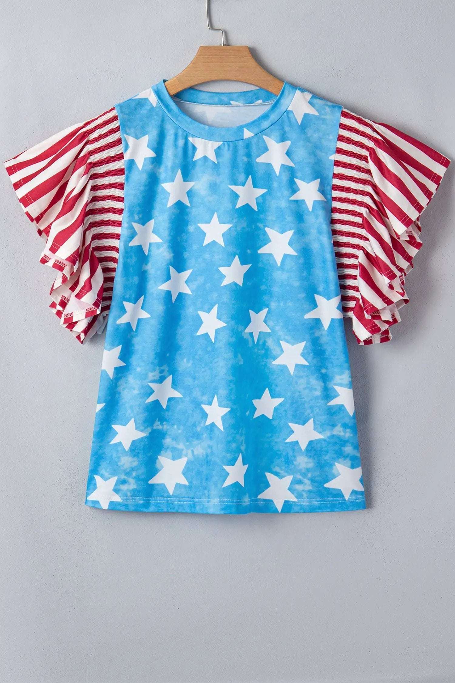 Patriotic Ruffle Sleeve Top with star print striped detail and ruffle sleeves