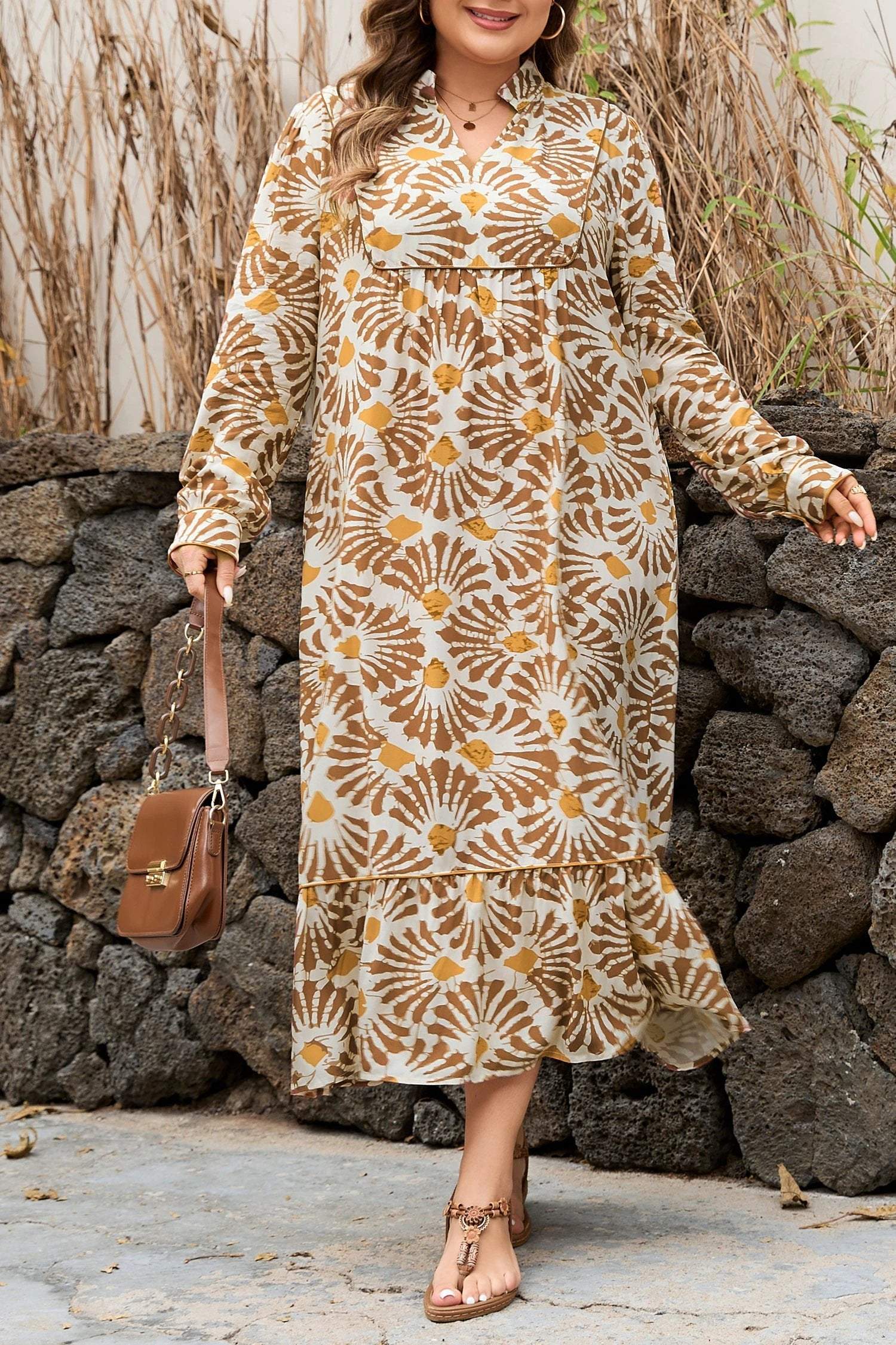 Dear-Lover Dropshipping Khaki Abstract Plant Print Loose Plus Size Long Dress - Plus Size/Plus Size Dresses/Plus Size Maxi Dresses