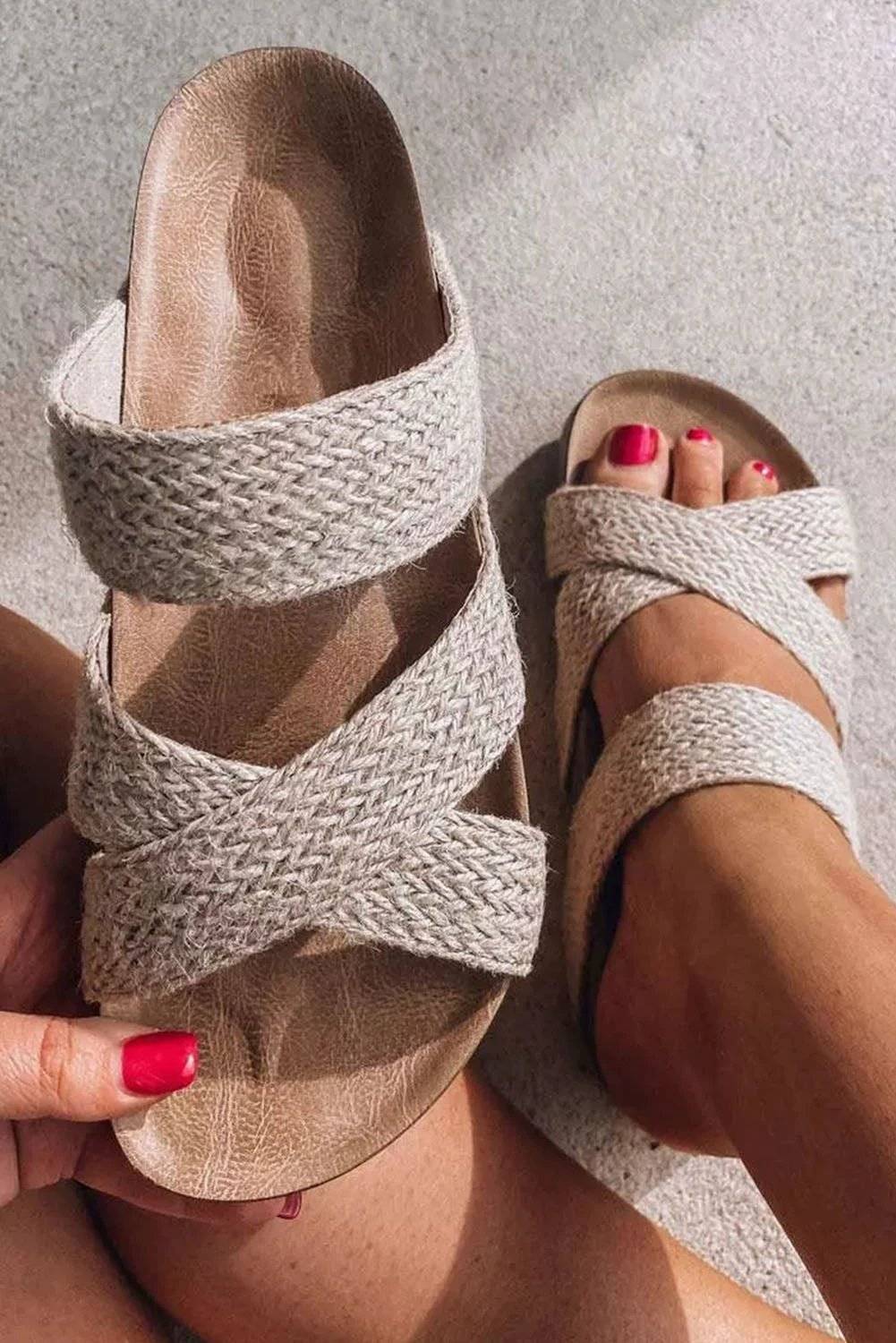 Woven criss-cross slip-on sandals with breathable hollowed straps and cushioned footbed for everyday comfort