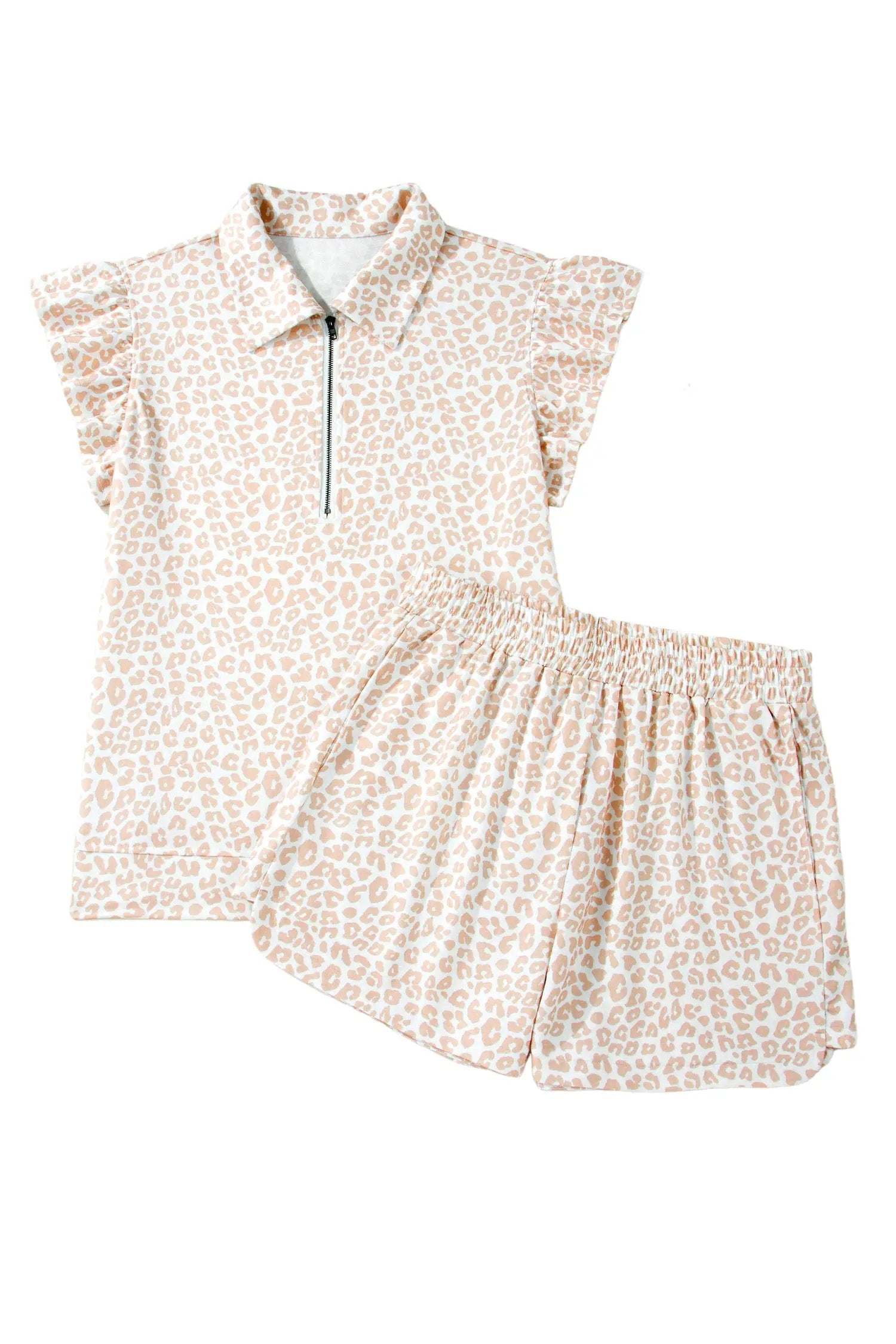 J&H Apparel Beige Leopard Zip Polo Top 2pcs Short Set - Outfit Sets Two Piece Sets/Short Sets