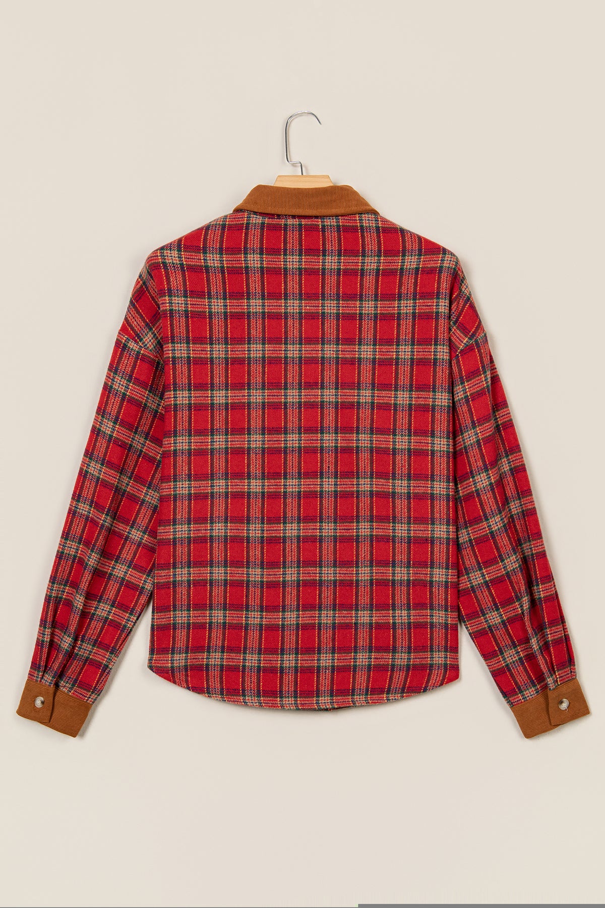 Red Casual Plaid Color Block Collared Button Shacket