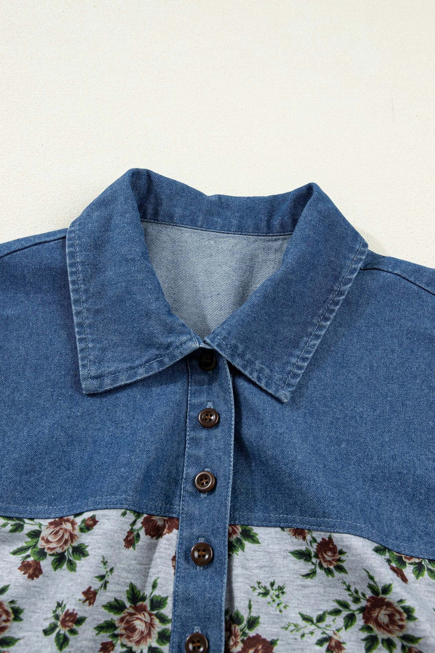 gray retro floral print denim patchwork buttoned polo collar top for women casual everyday outfit