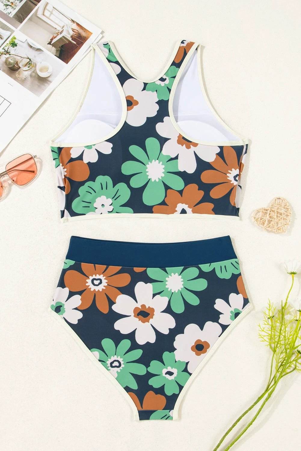 blue flower zip up racerback high waisted bikini for women casual everyday outfit