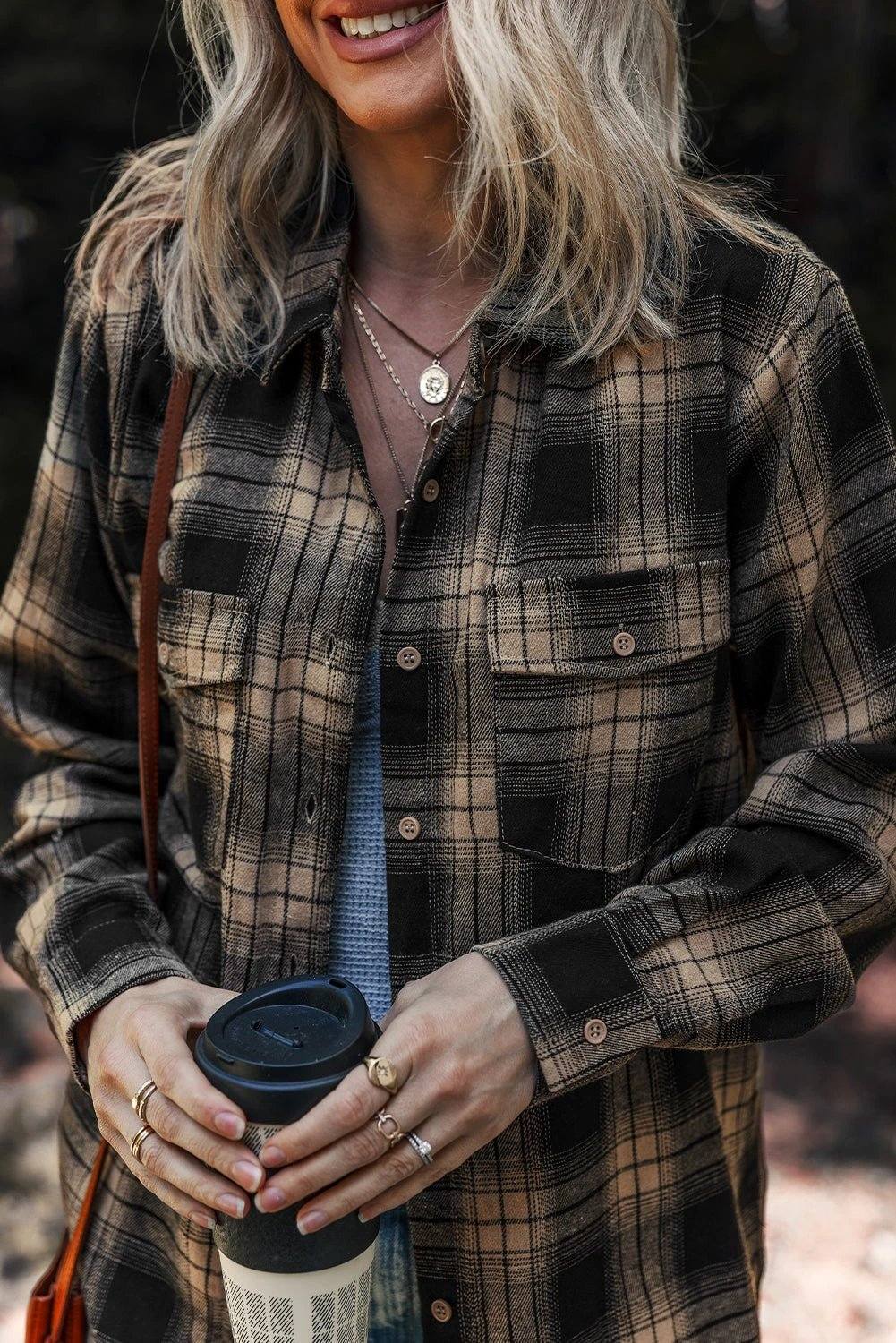 Retro plaid shacket with double flap pockets and brushed fabric for cozy casual wear