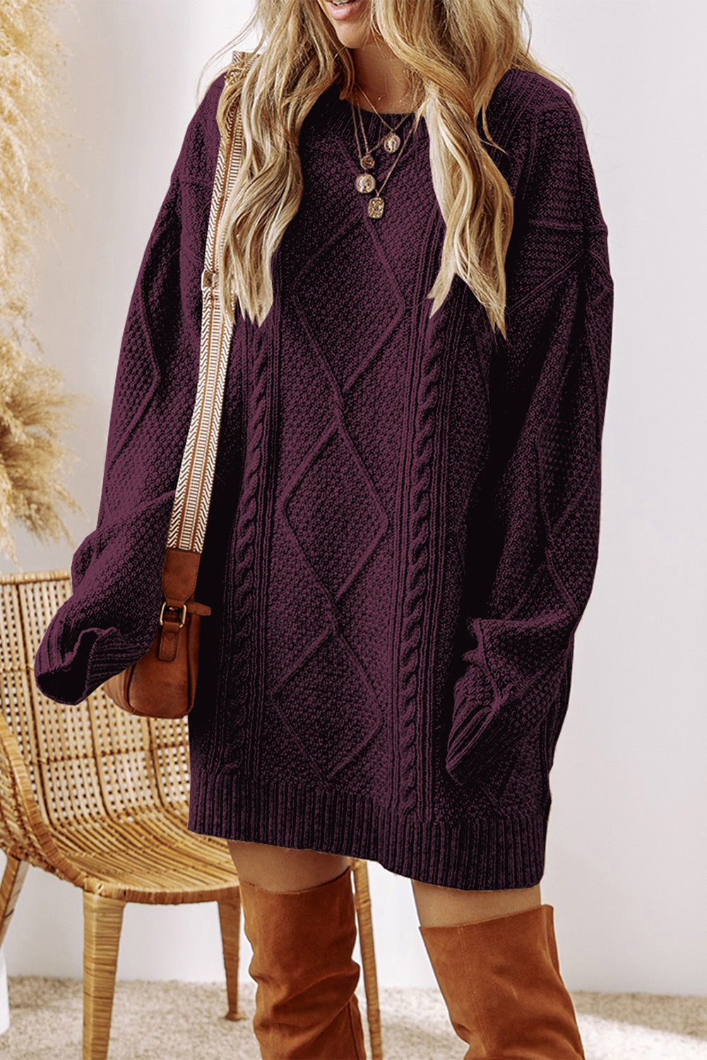 Cable Knit Drop-Shoulder Loose Fit Sweater Dress