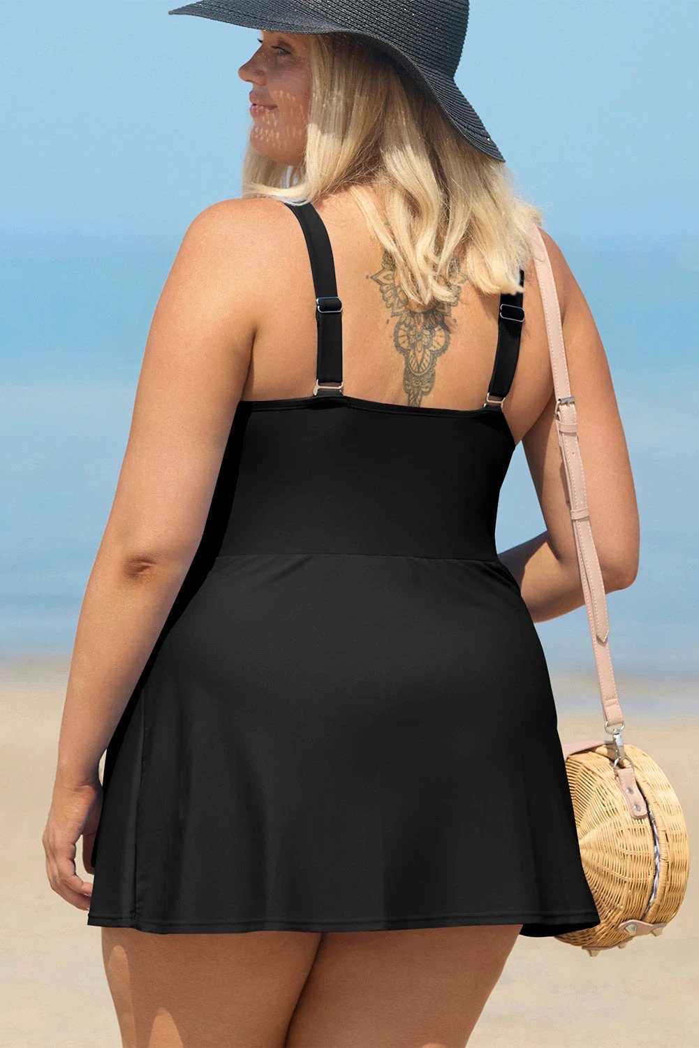 black solid color square neck knotted plus size one piece swimsuit for women casual everyday outfit