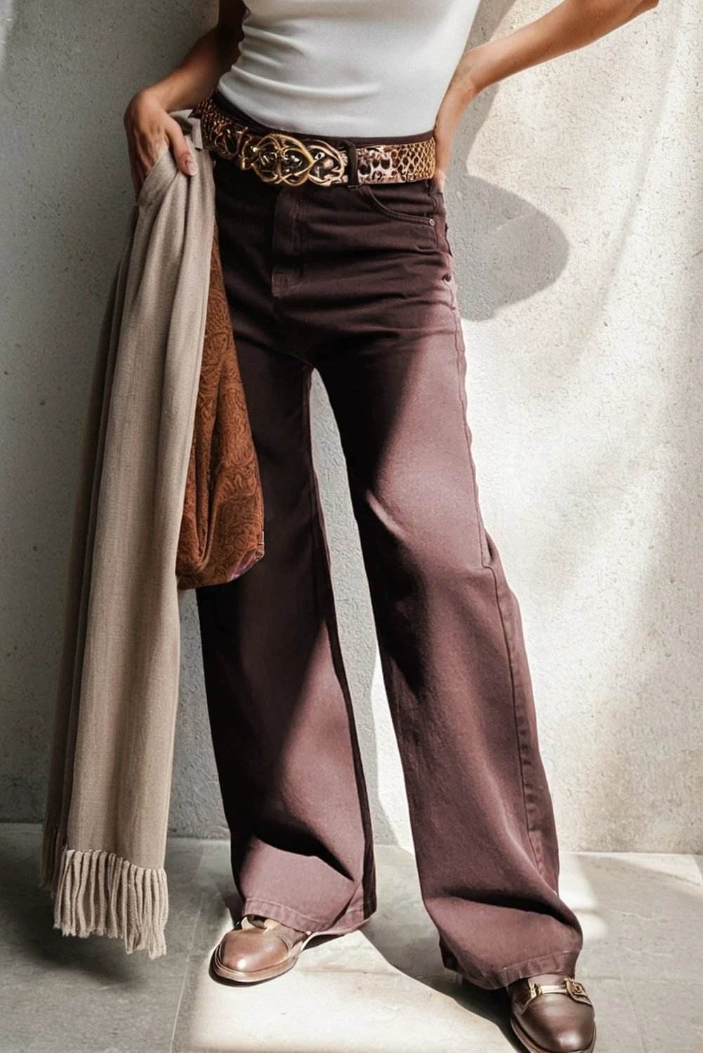Red loose straight high waist solid color jeans for women casual everyday outfit