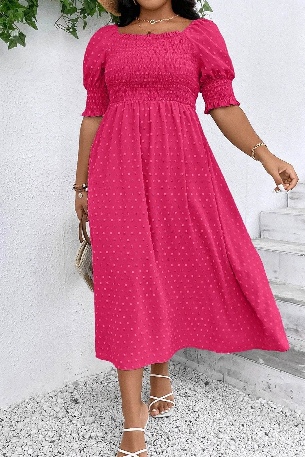 Plus size Sunday Ready dress with smocked bodice and frilled neckline in Wisteria Swiss Dot