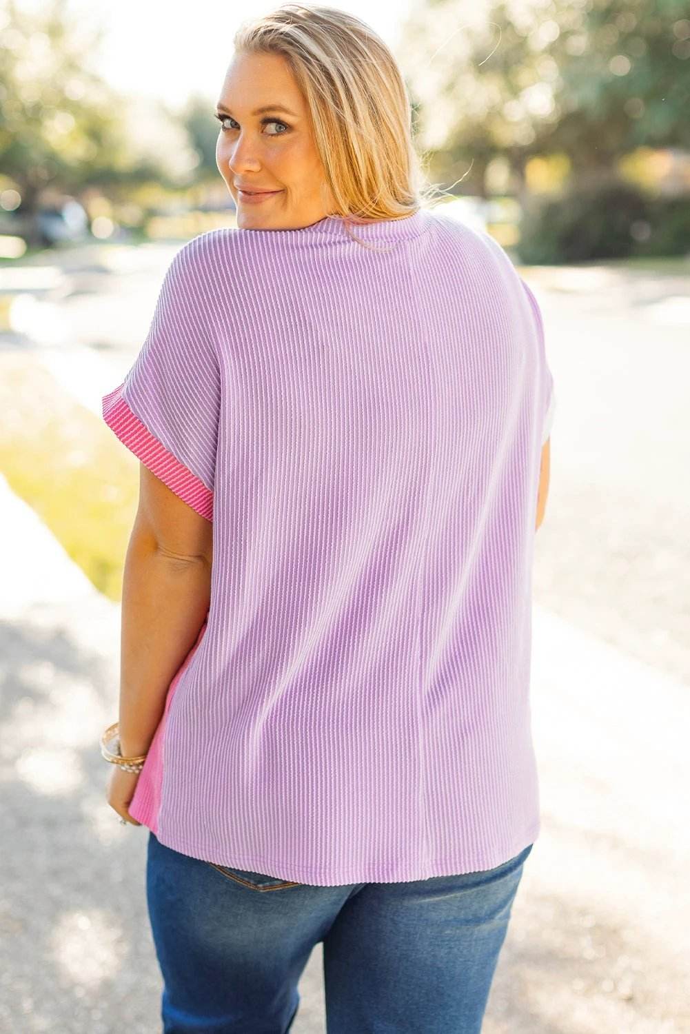 Plus Size Patchwork Leopard Corded Knit Tee with relaxed fit and colorblock panels