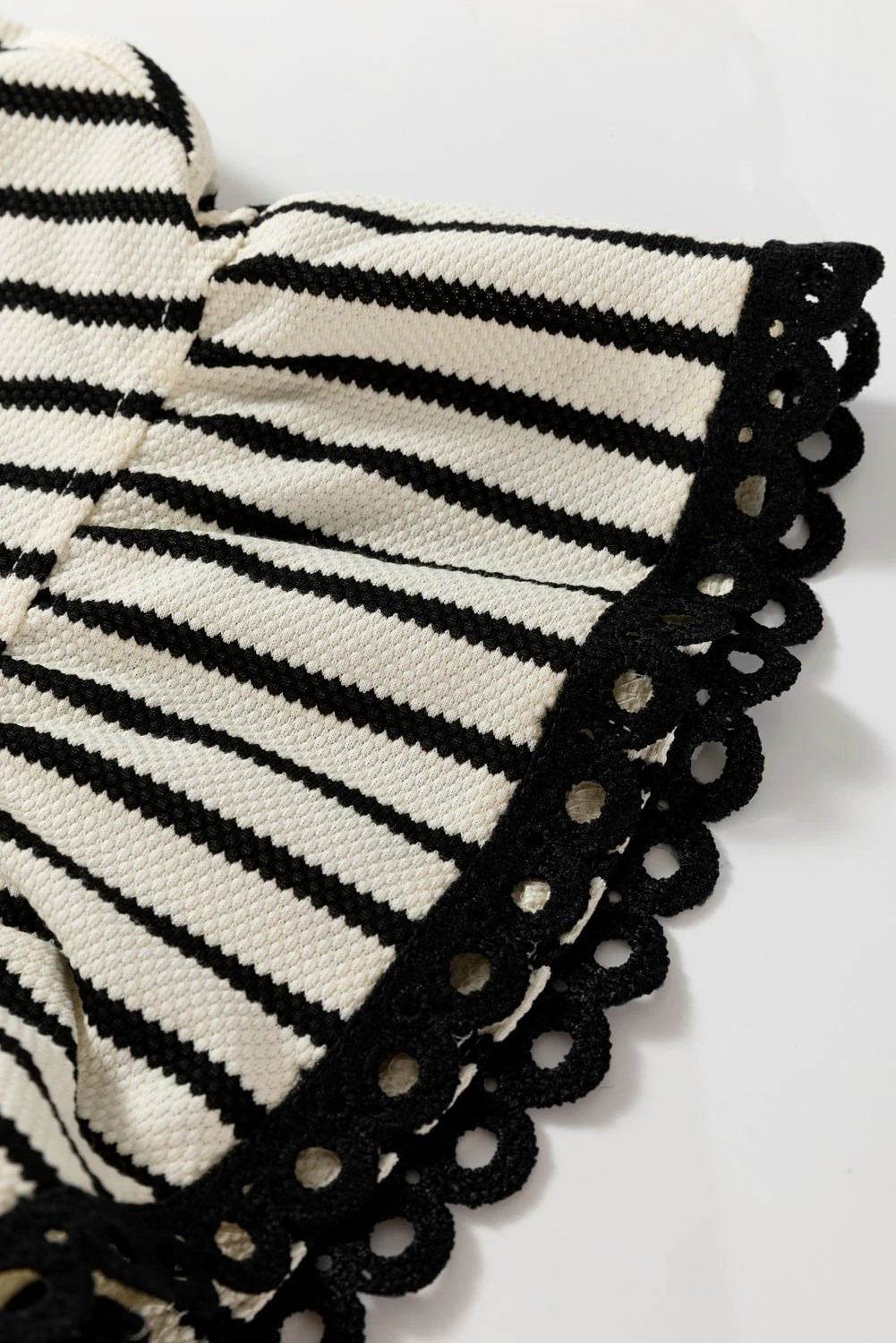 Dear-Lover Dropshipping Black Stripe Eyelet Trimmed Ruffled Short Sleeve Plus Size Top - Plus Size/Plus Size Tops/Plus Size Tops & Tees