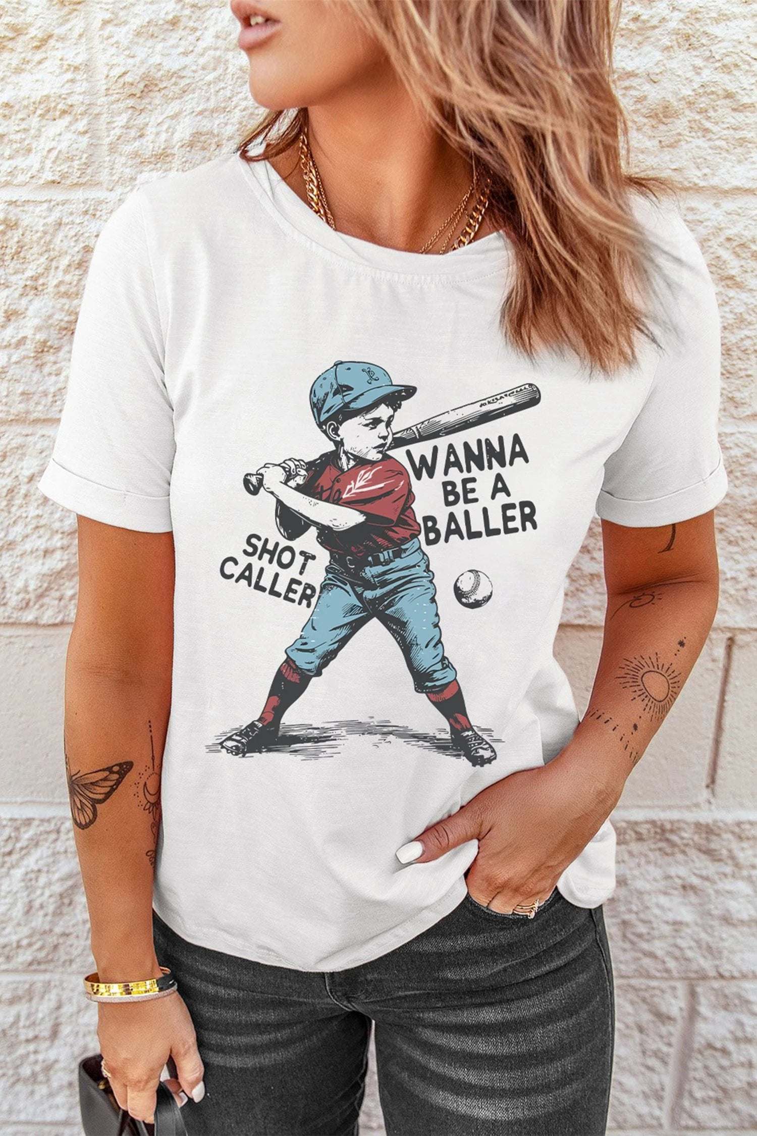 white shot caller wanna be a baller casual graphic tee for women casual everyday outfit