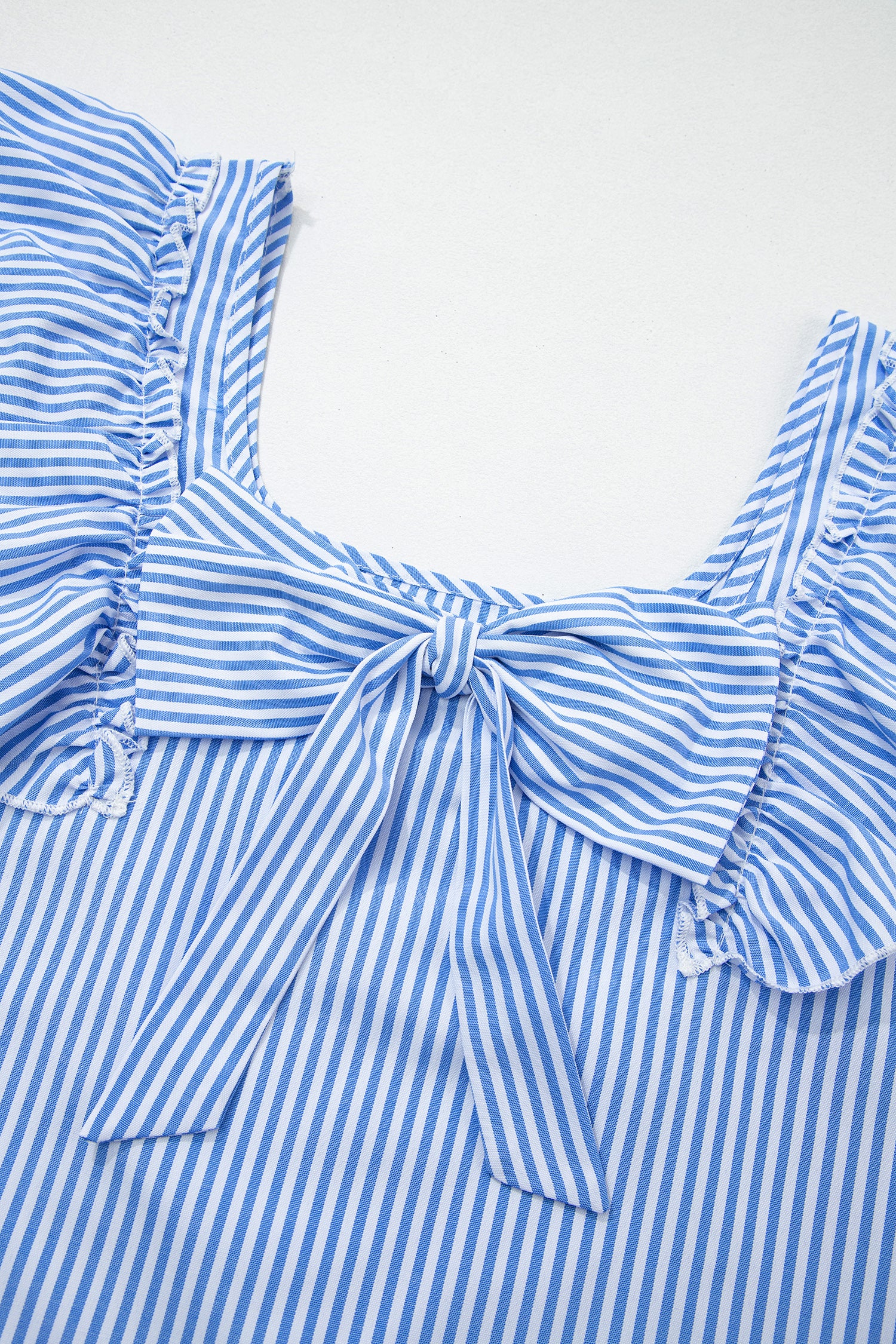 Stripe Square Neck Bow Decor Frilly Ruffled Short Sleeve Blouse