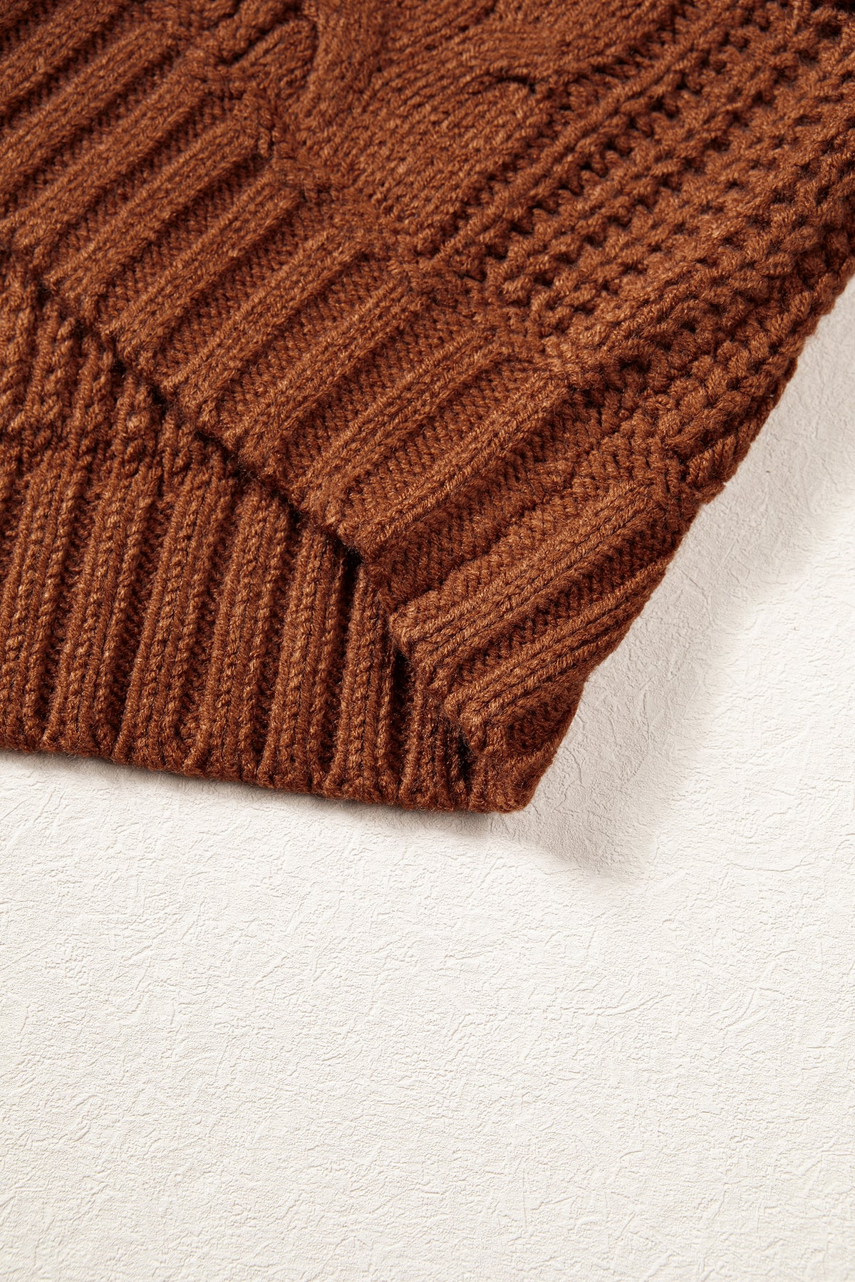 Coffee Solid Color Cable Knit High Neck Loose Pullover Sweater
