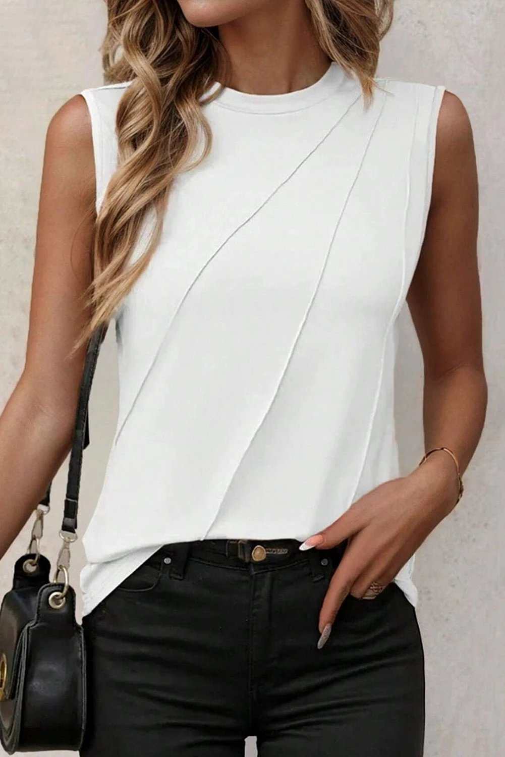 Pleated Crew-Neck Tank Top sleeveless casual top for women