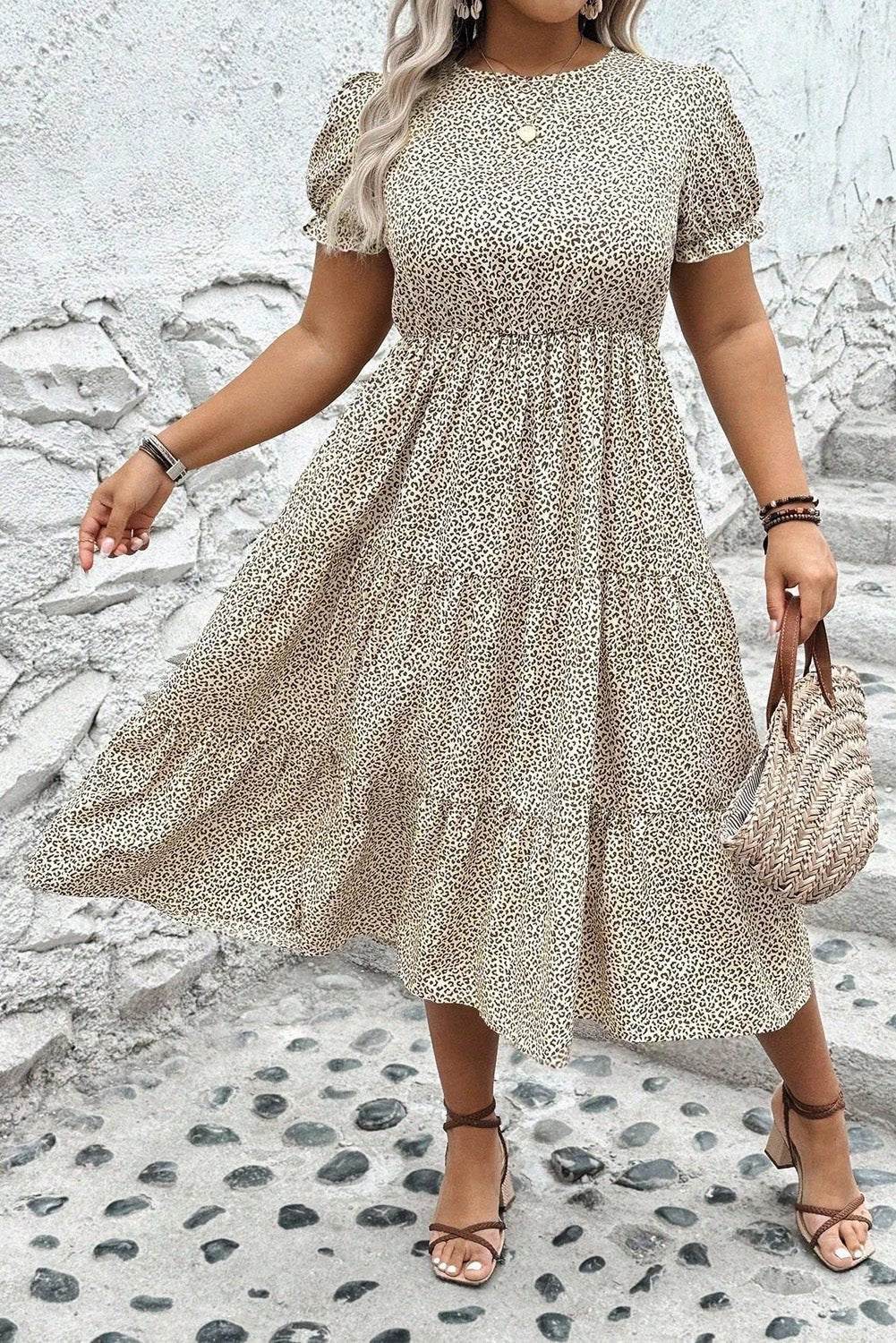 Plus size Everyday Goddess leopard print dress with frill trim and short sleeves