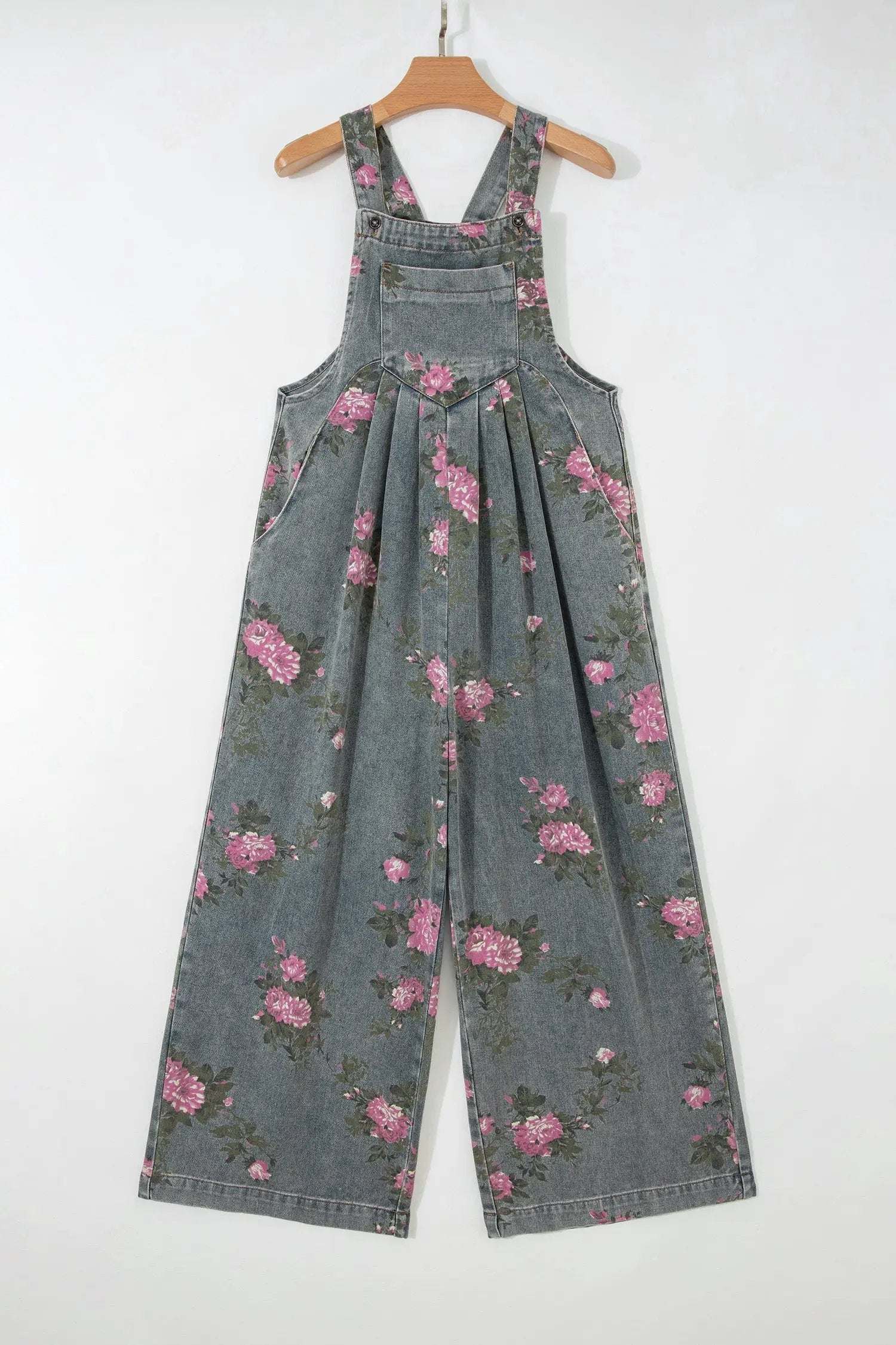 Floral Denim Jumpsuit with pleated high-waist and wide-leg silhouette