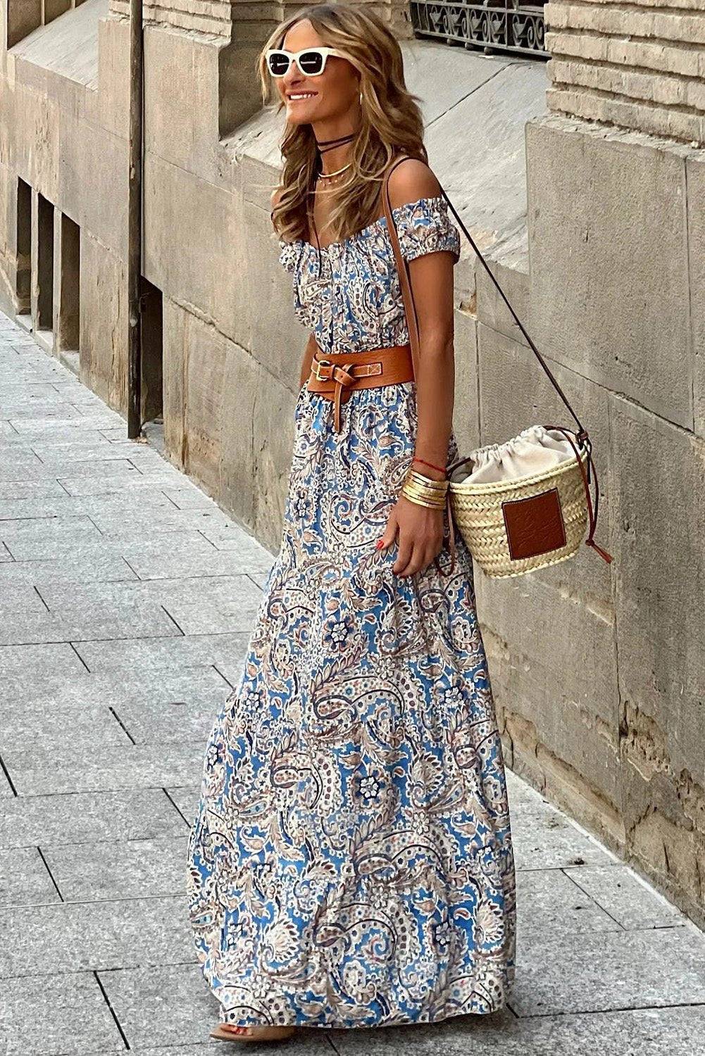 Boho Goddess off shoulder paisley floral print maxi dress in soft blue with adjustable waist belt and fluttery neckline