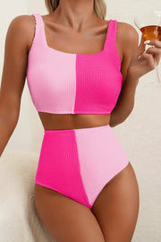 pink corded colorblock square neck bikini swimsuit for women casual everyday outfit