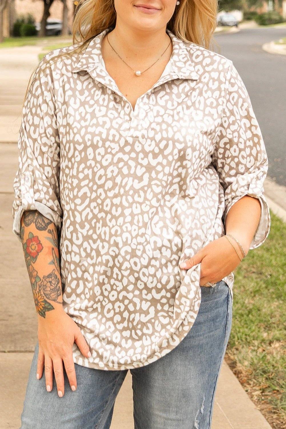 Dear-Lover Dropshipping Apricot Leopard Tab Sleeve V Neck Plus Size Top - Plus Size/Plus Size Tops/Plus Size Blouses & Shirts