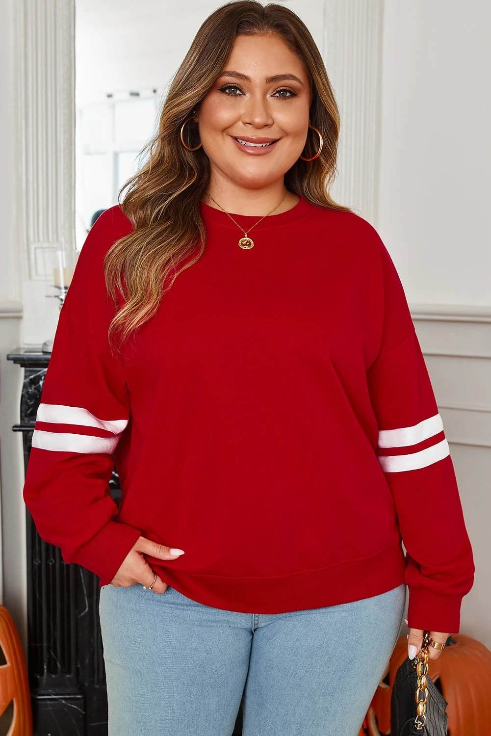 Plus size light grey varsity stripe crew neck sweatshirt for everyday confidence
