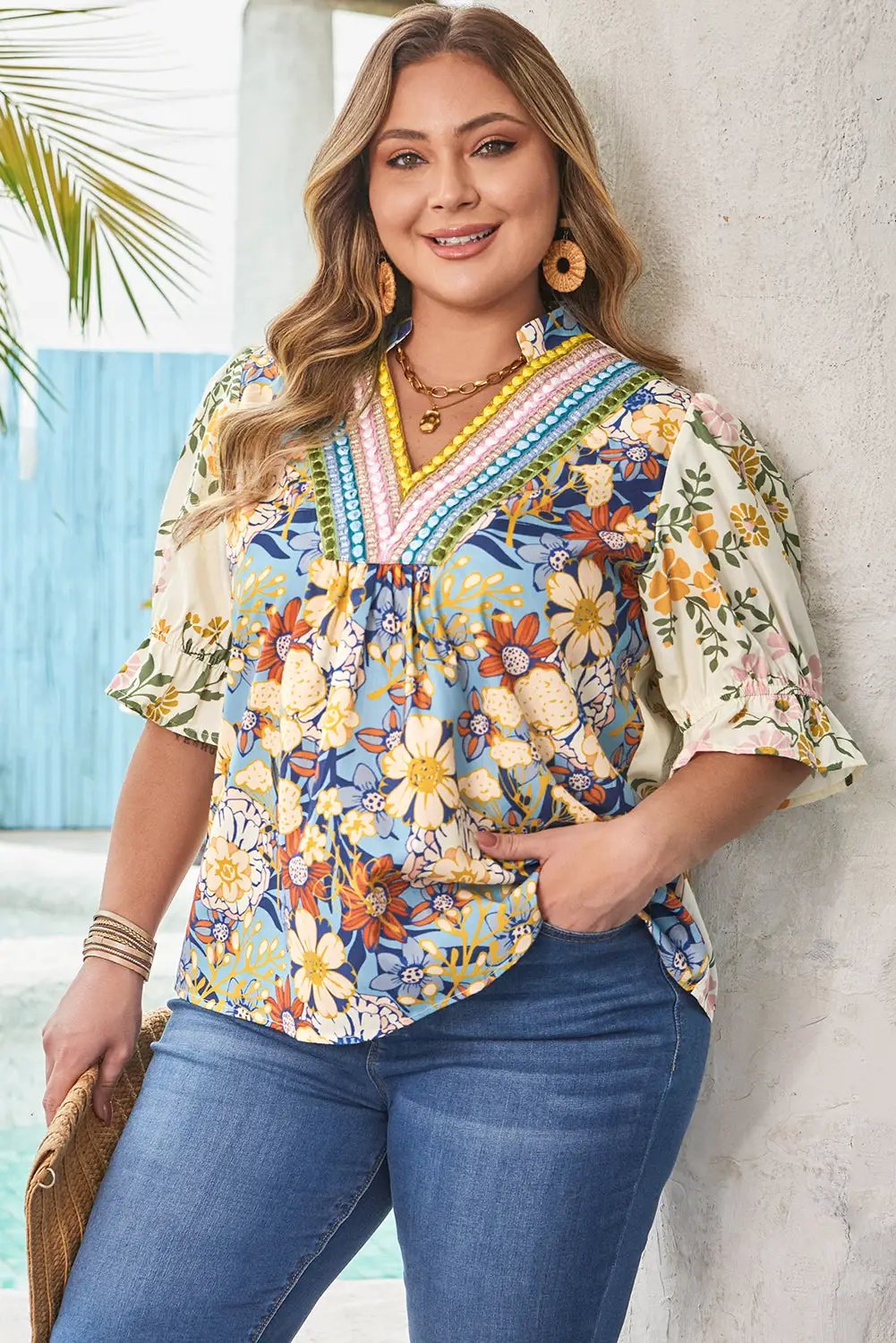 Dear-Lover Dropshipping Multicolour Plus Size Floral Print Woven V Neck Half Sleeve Blouse - Plus Size/Plus Size Tops/Plus Size Blouses & Shirts