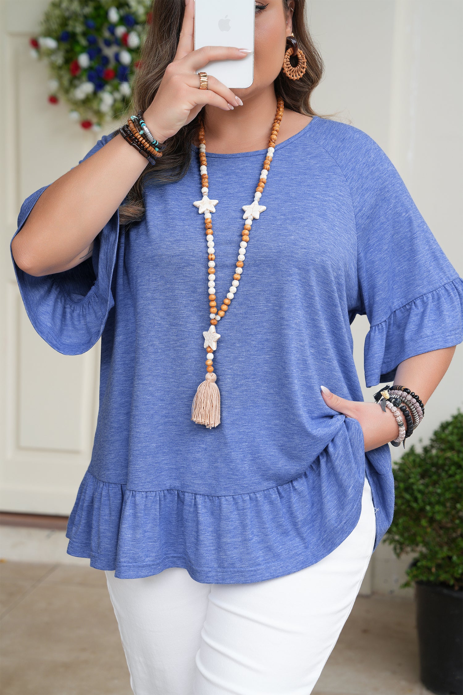 Dear-Lover Dropshipping Dusk Blue Ruffled Short Sleeve Plus Size Casual Blouse - Blouses Plus Size/Plus Size Tops/Plus Size Tops & Tees