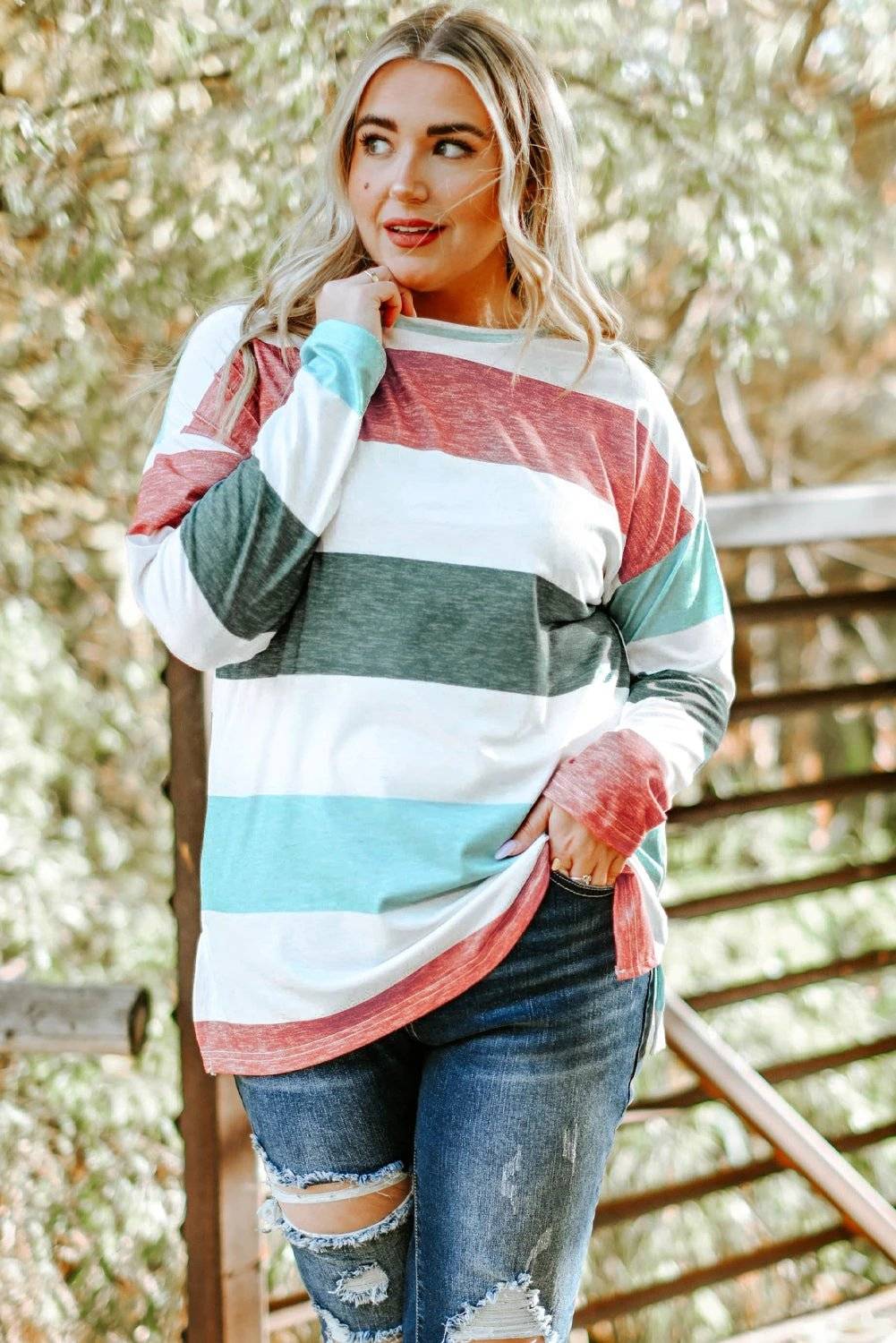 green plus size colorblock pullover top for women casual everyday outfit