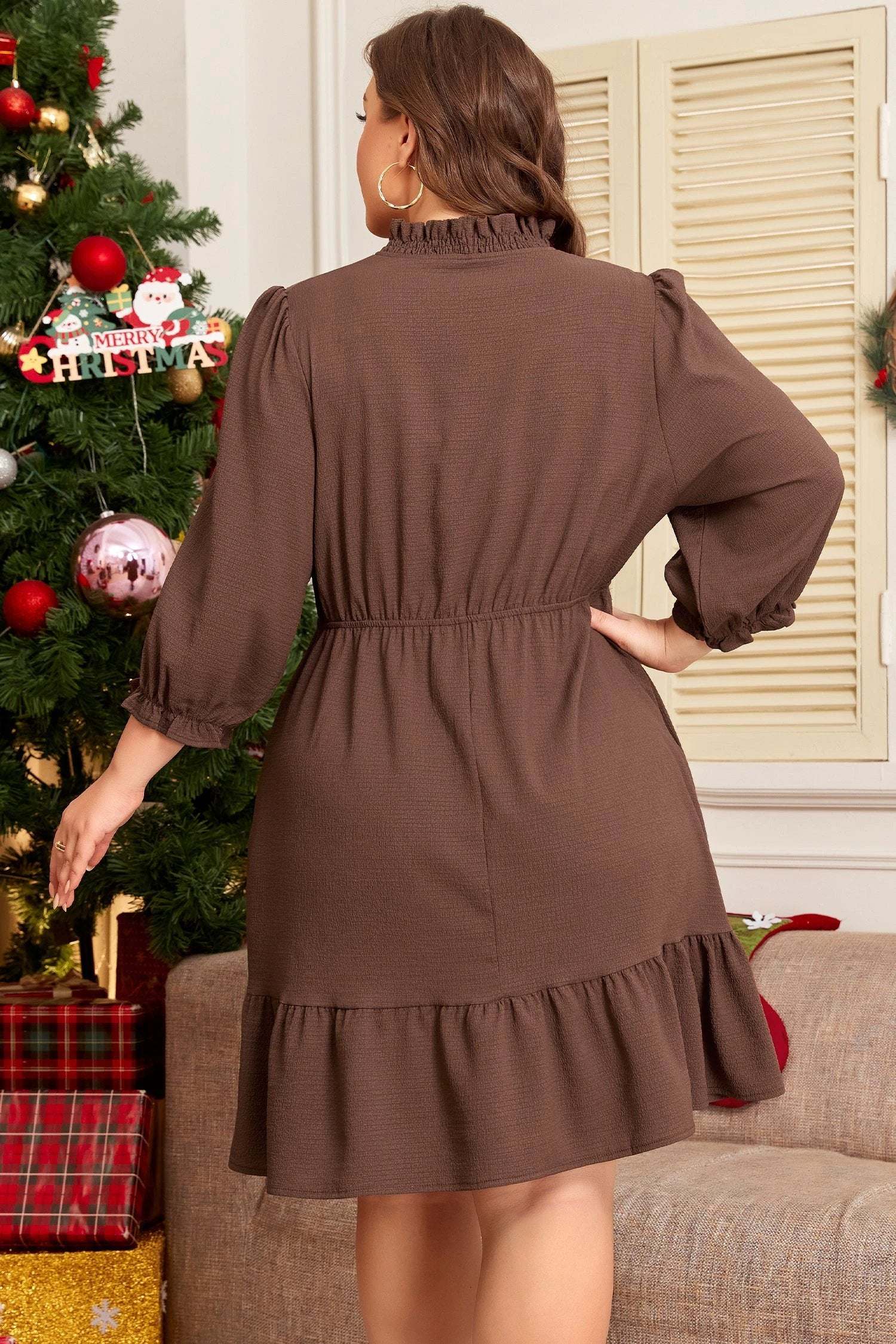 coffee plus size frilled trim v neck puff sleeve textured mini dress for women casual everyday outfit