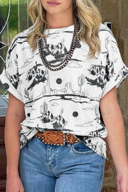 white desert sand print short sleeve knit top for women casual everyday outfit