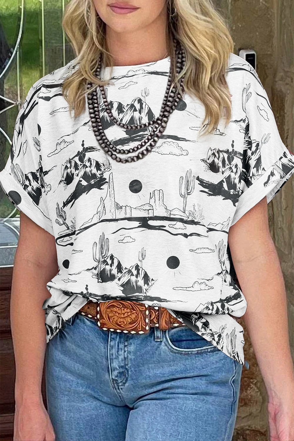 white desert sand print short sleeve knit top for women casual everyday outfit