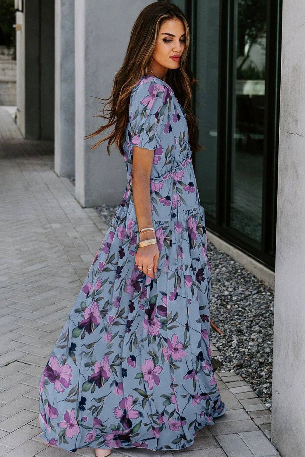 sky blue fiery floral print frilled v neck short sleeve maxi dress for women casual everyday outfit
