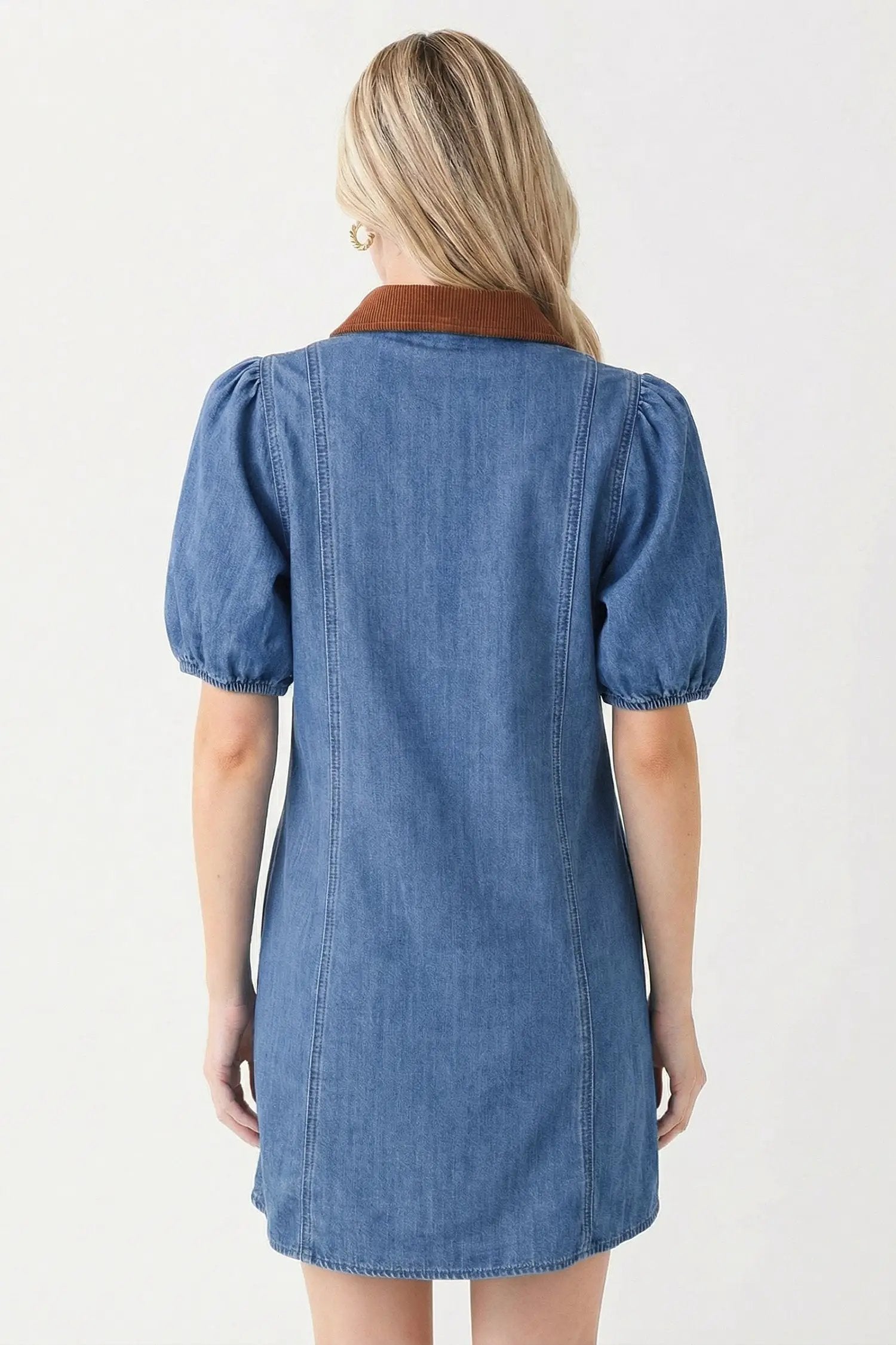 blue denim short puff sleeve Colorblock shirt collar patchwork mini dress for women casual everyday outfit