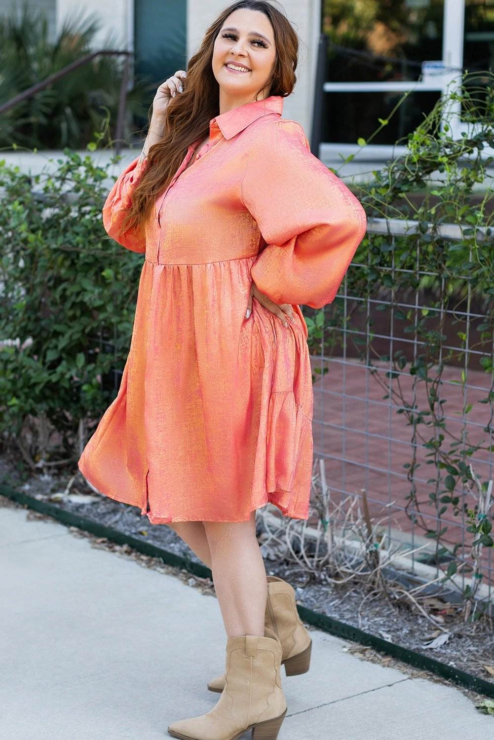 peach blossom metallic balloon sleeve shirt plus size mini dress for women casual everyday outfit