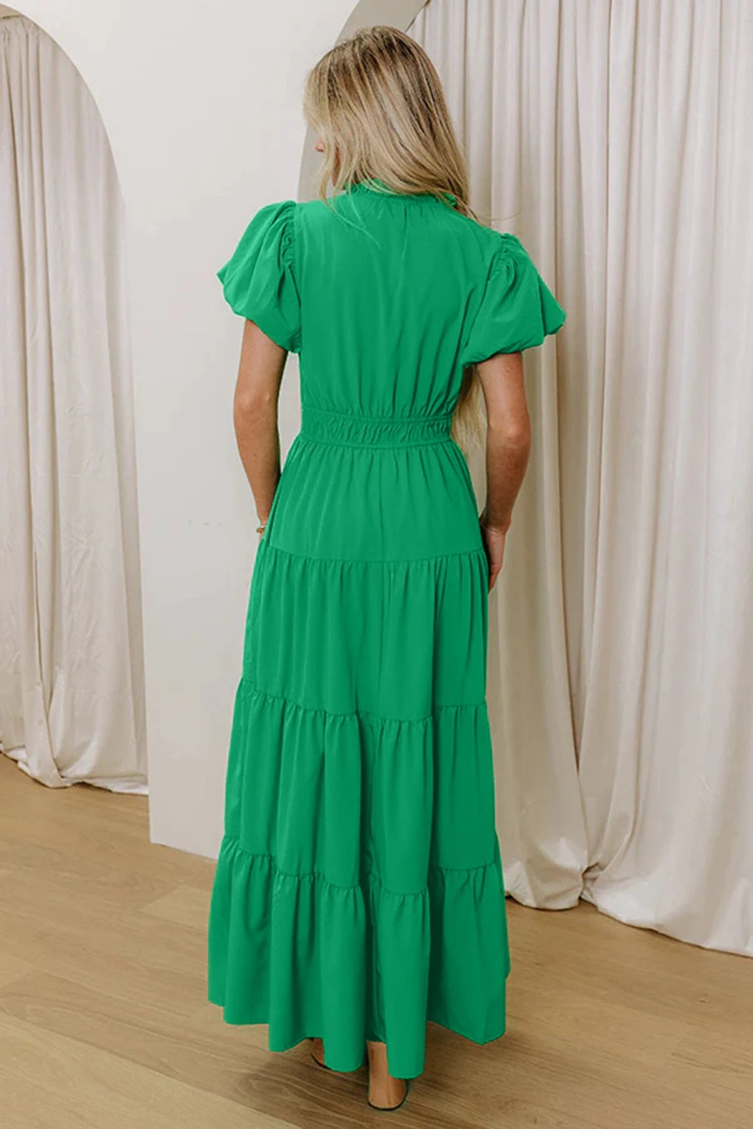 bright green solid color v neck short puff sleeve high waist tiered maxi dress for women casual everyday outfit
