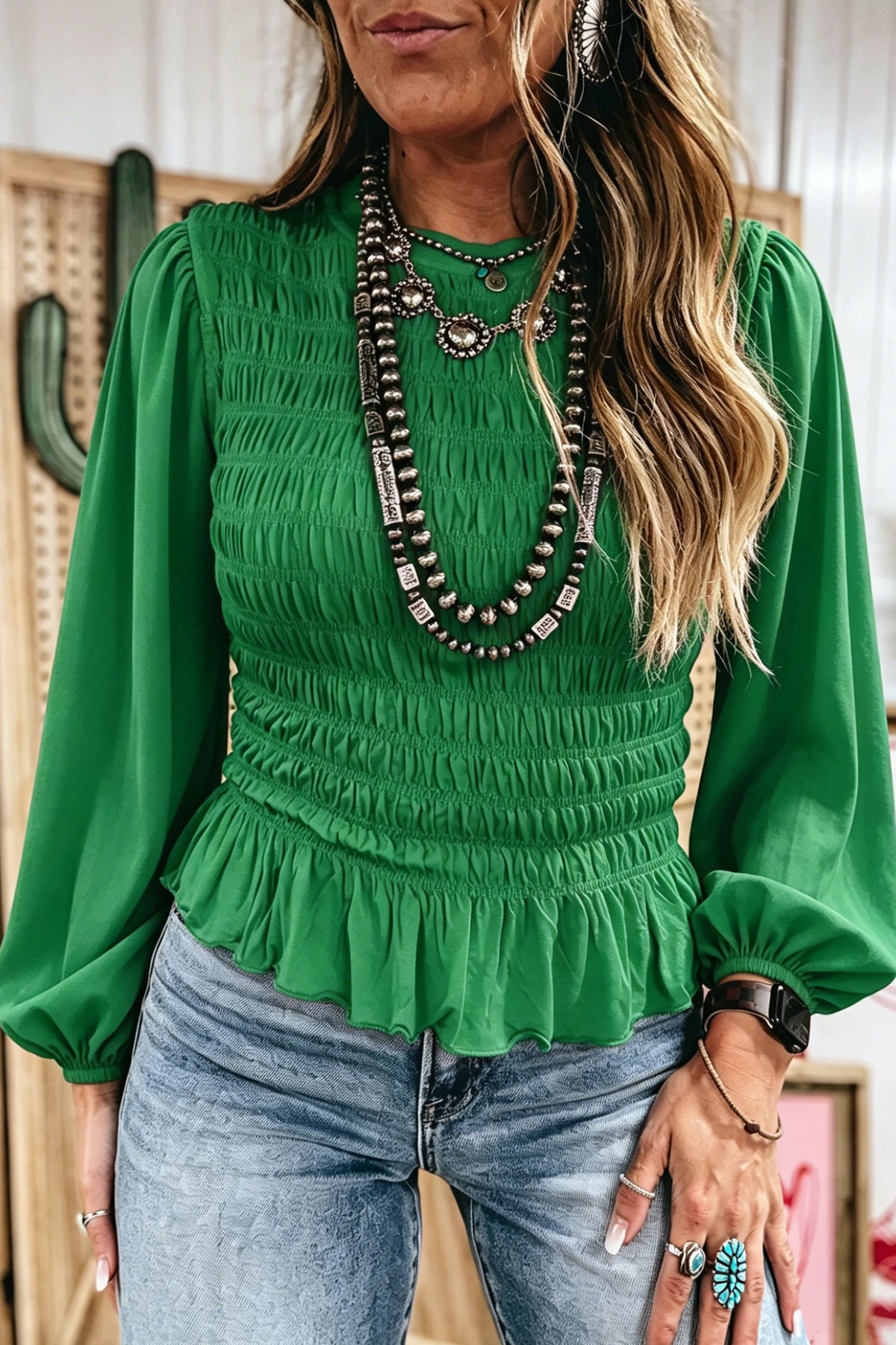 Solid Color Smocked Ruffle Hem Long Sleeve Blouse