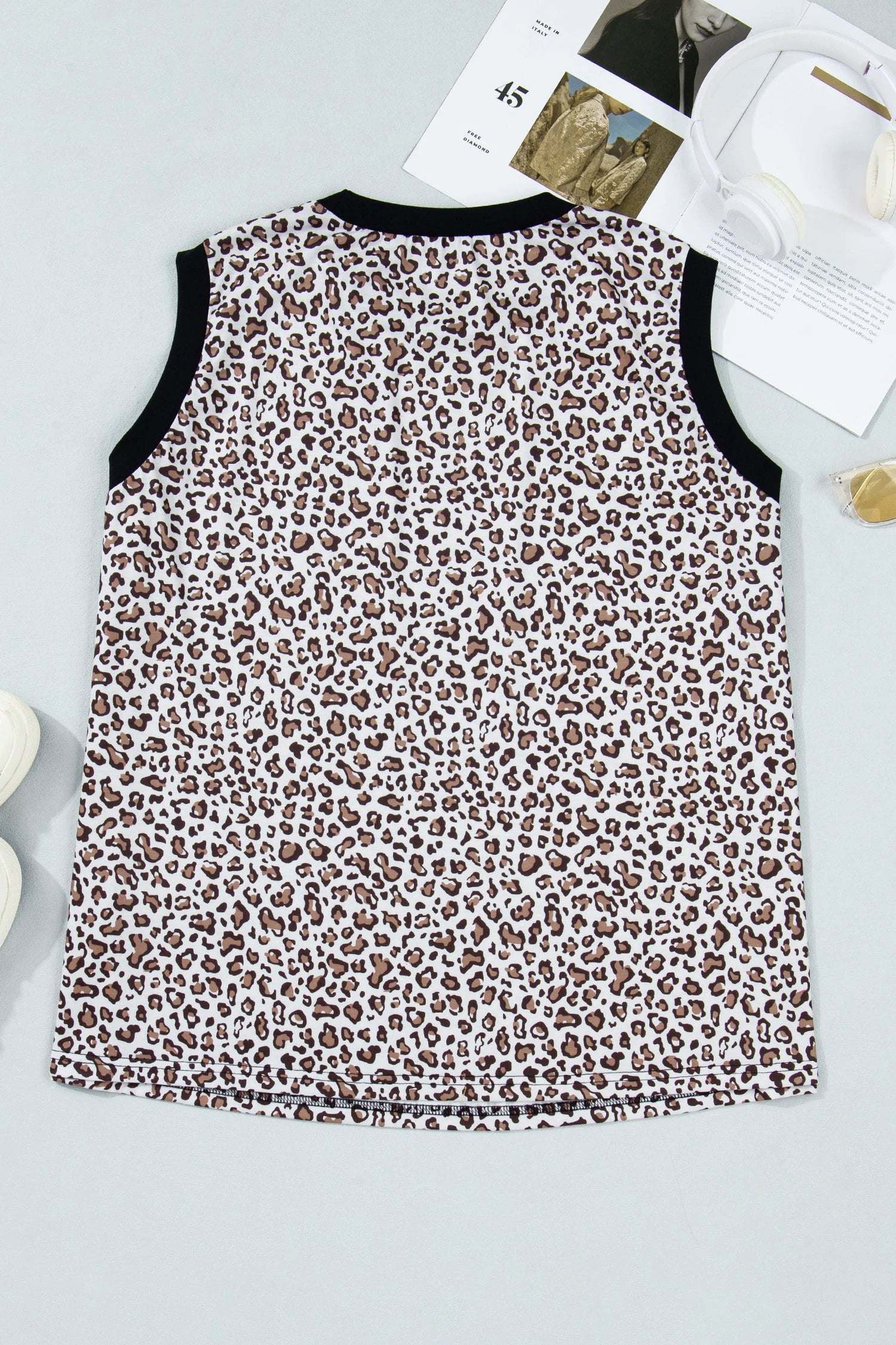 Plus size leopard top with khaki contrast trim sleeveless design for busy moms